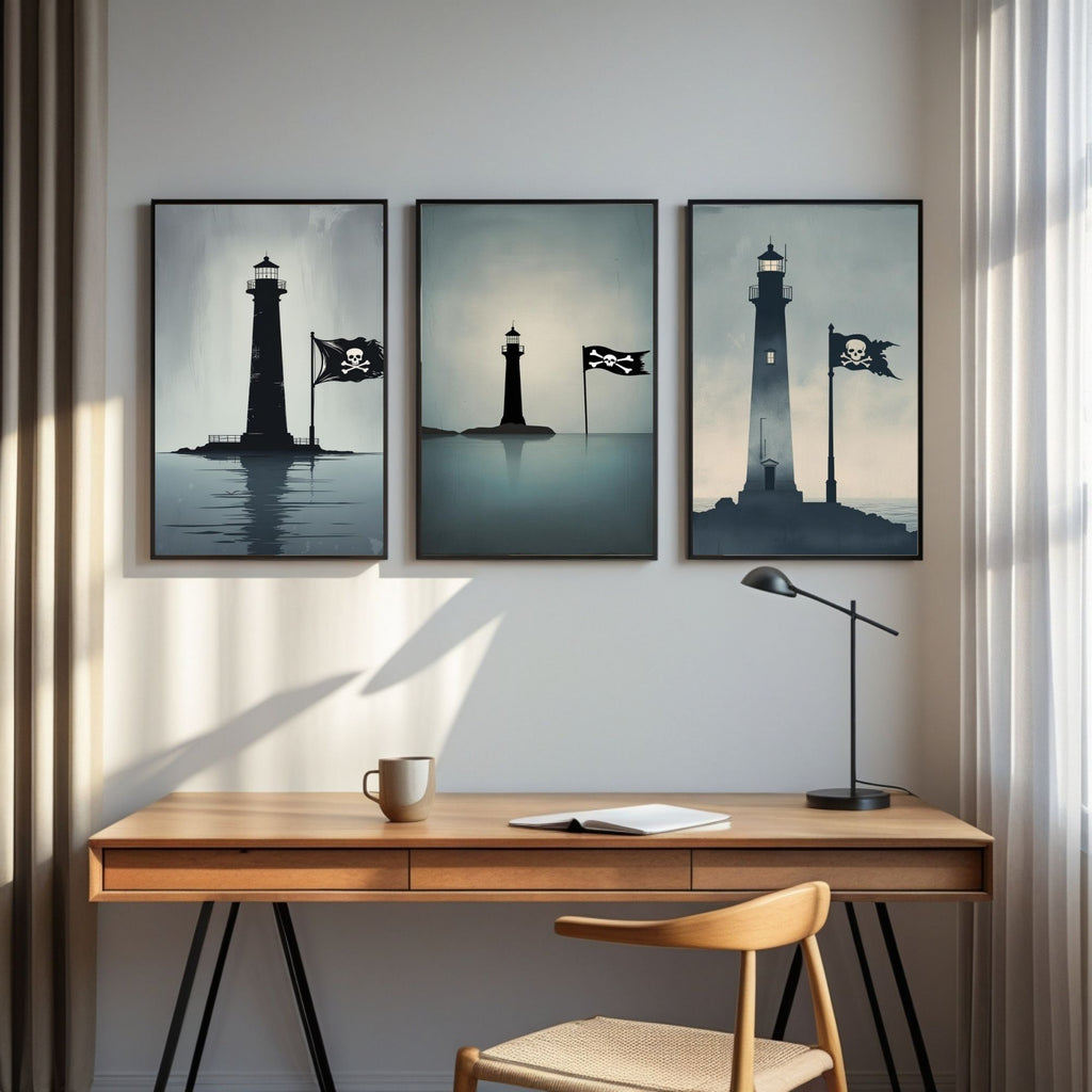 Pirate Lighthouse Wall Art Set of 3 | Nautical Coastal Prints | Maritime Adventure Decor | Digital Download
