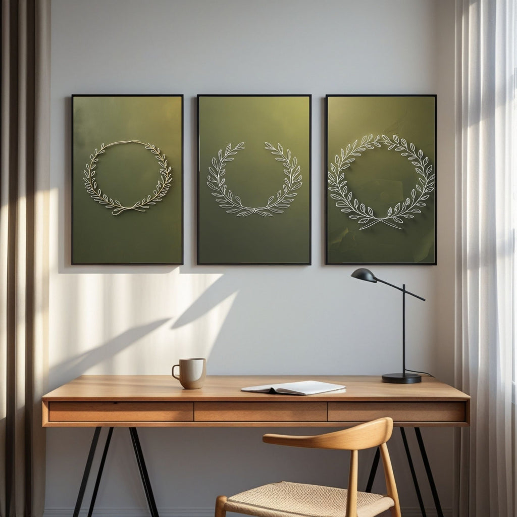 Botanical Laurel Wreath Wall Art Set of 3 | Minimalist Nature Printable Art | Olive Branch Line Drawing Decor | Sage Green Wall Art | Modern Botanical Poster Set | Digital Download