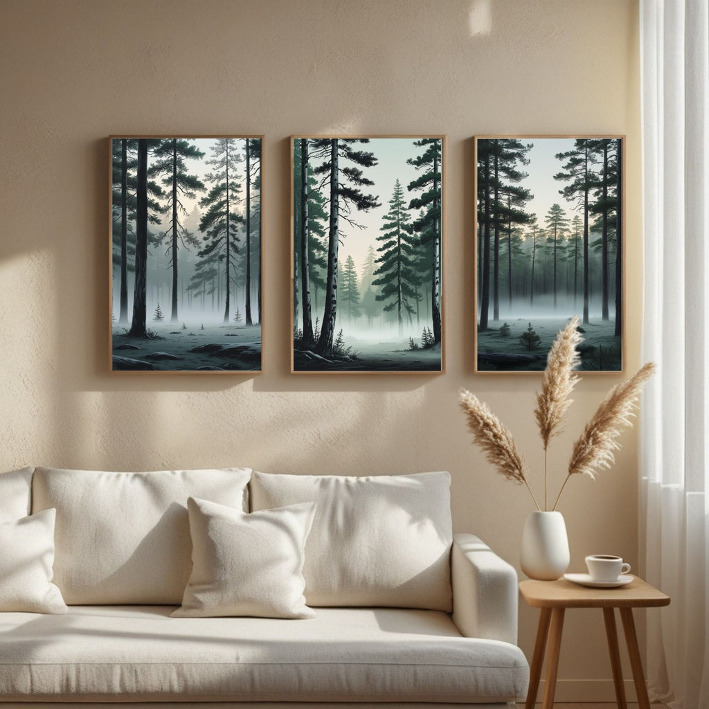 Misty Pine Forest Wall Art Set of 3 | Foggy Woodland Prints | Scandinavian Nature Decor | Evergreen Forest Artwork | Digital Download