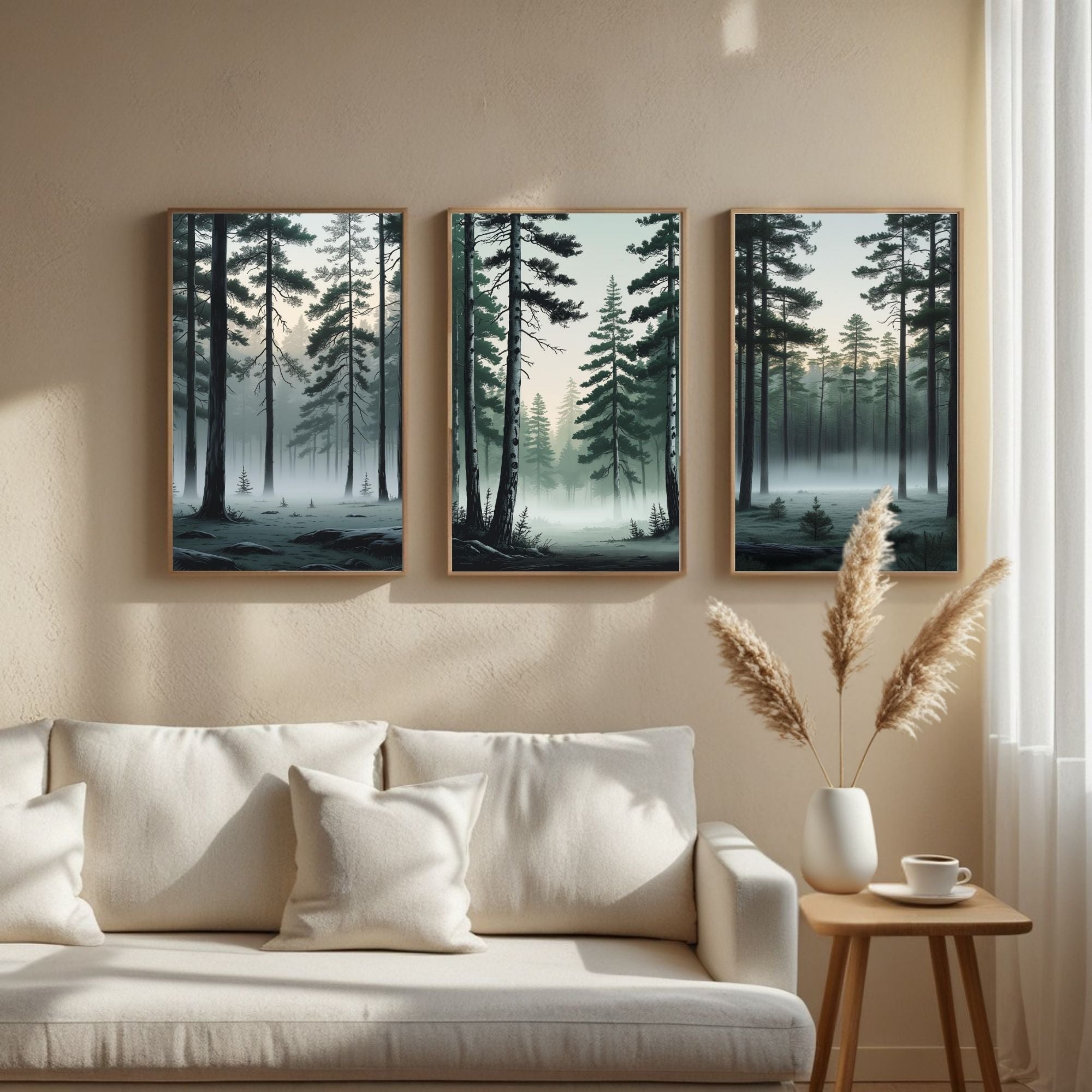 Misty Pine Forest Wall Art Set of 3 | Foggy Woodland Prints | Scandinavian Nature Decor | Evergreen Forest Artwork | Digital Download