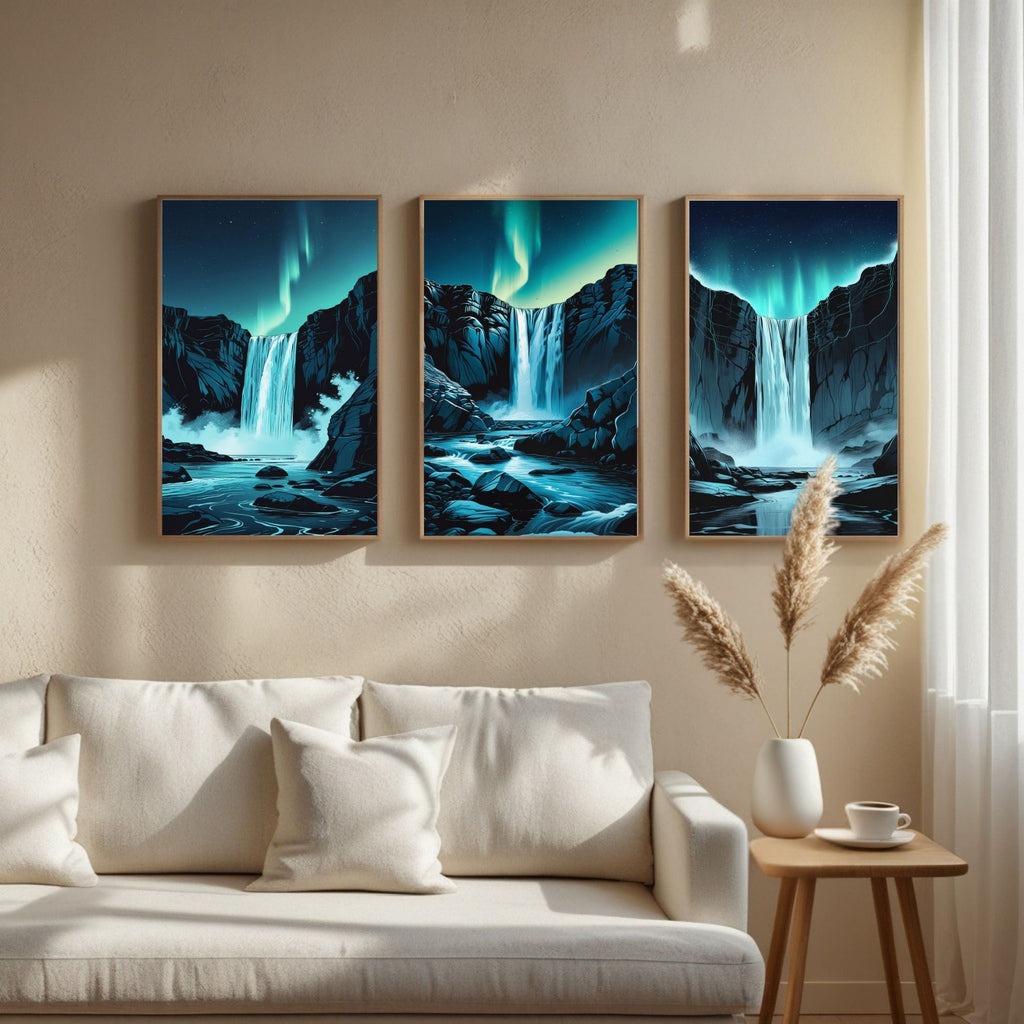 Aurora Waterfall Wall Art Set of 3 | Northern Lights Waterfall Prints | Nordic Nature Landscape Decor | Digital Download