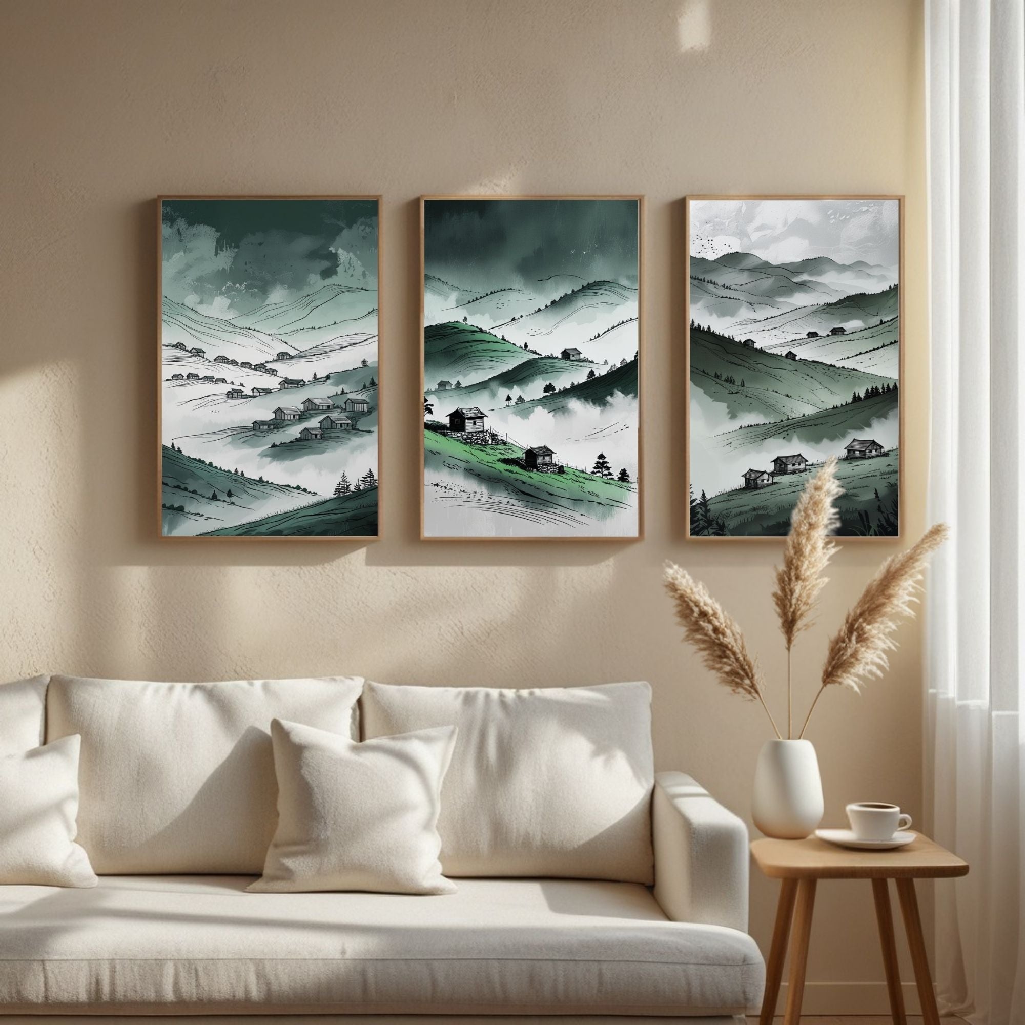Green Mountain Valley Wall Art Set of 3 | Misty Hills Landscape Prints | Rustic Countryside Decor | Digital Download