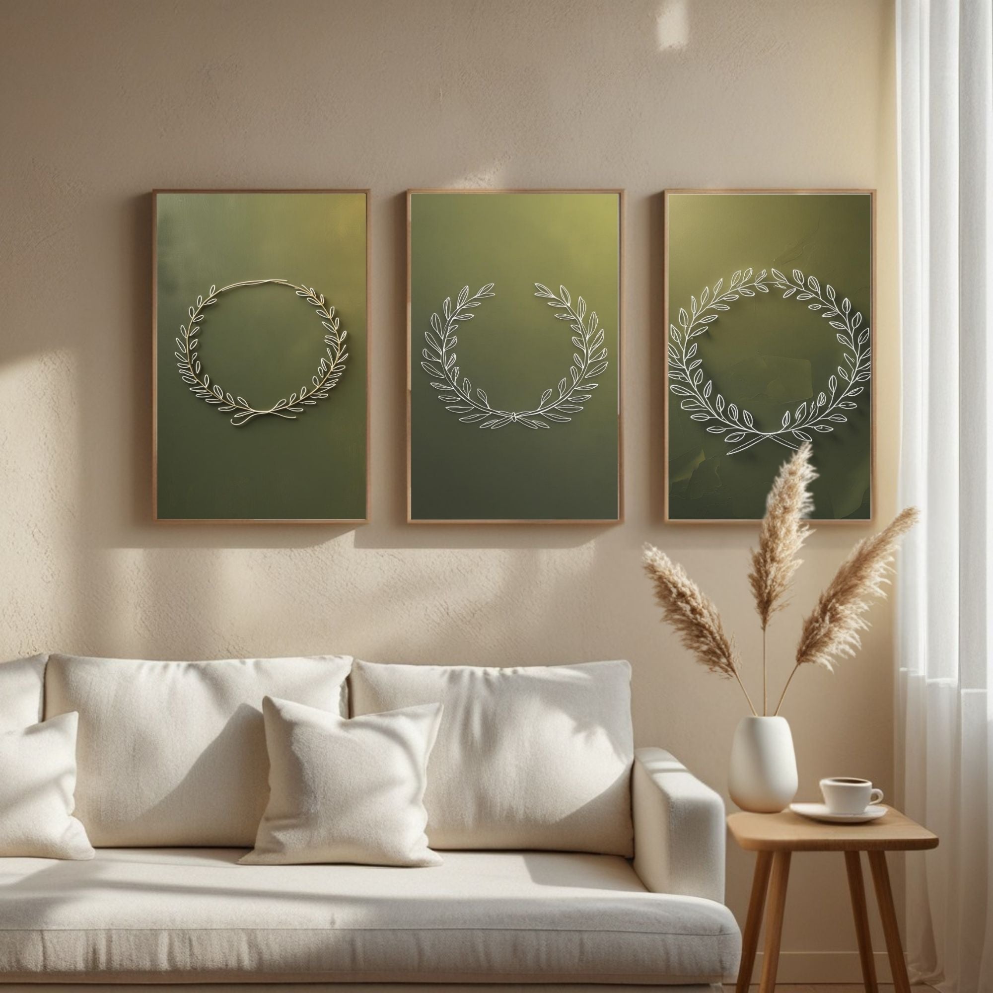 Botanical Laurel Wreath Wall Art Set of 3 | Minimalist Nature Printable Art | Olive Branch Line Drawing Decor | Sage Green Wall Art | Modern Botanical Poster Set | Digital Download