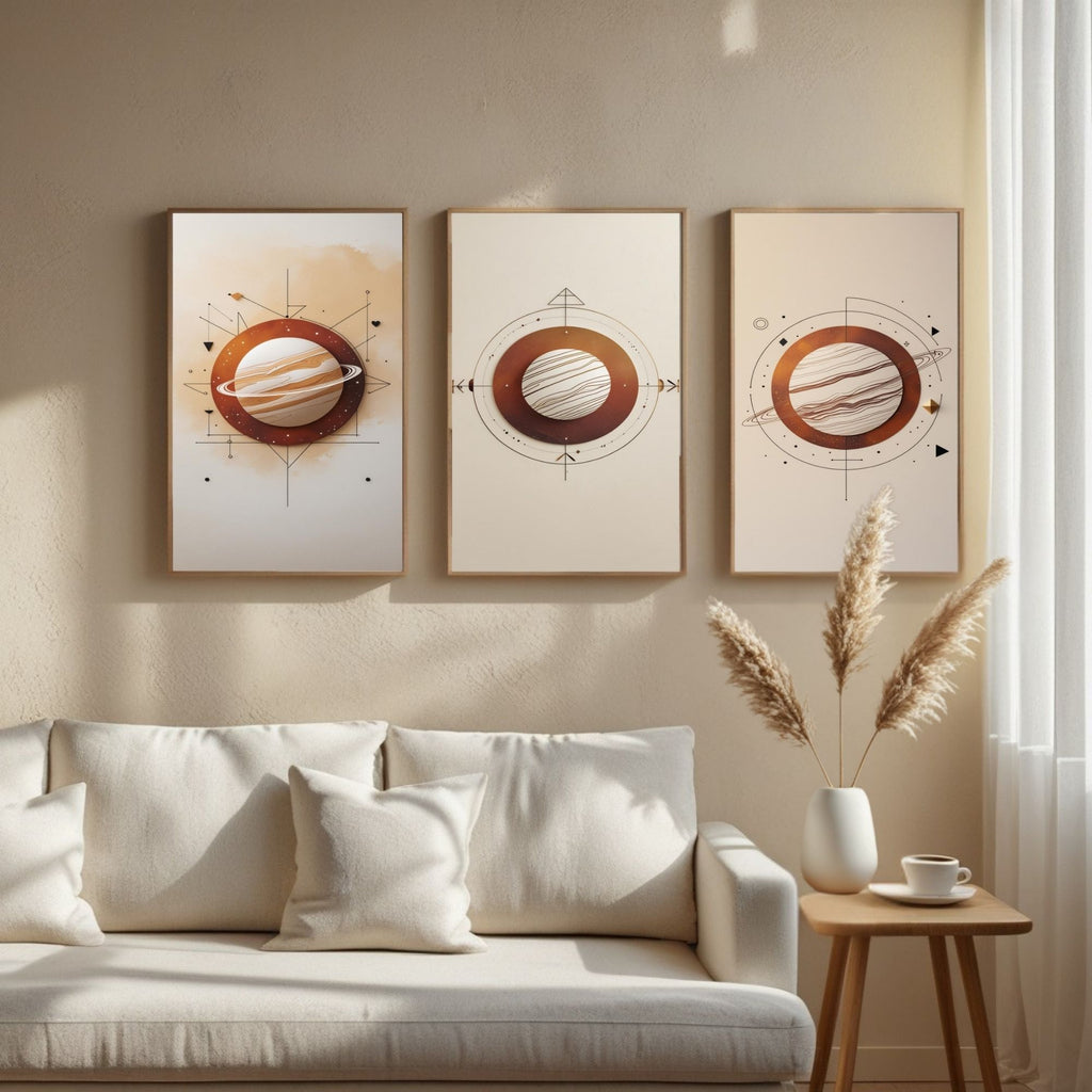 Minimalist Planet Wall Art Set of 3 | Abstract Saturn Prints | Modern Space Decor | Geometric Celestial Artwork | Digital Download
