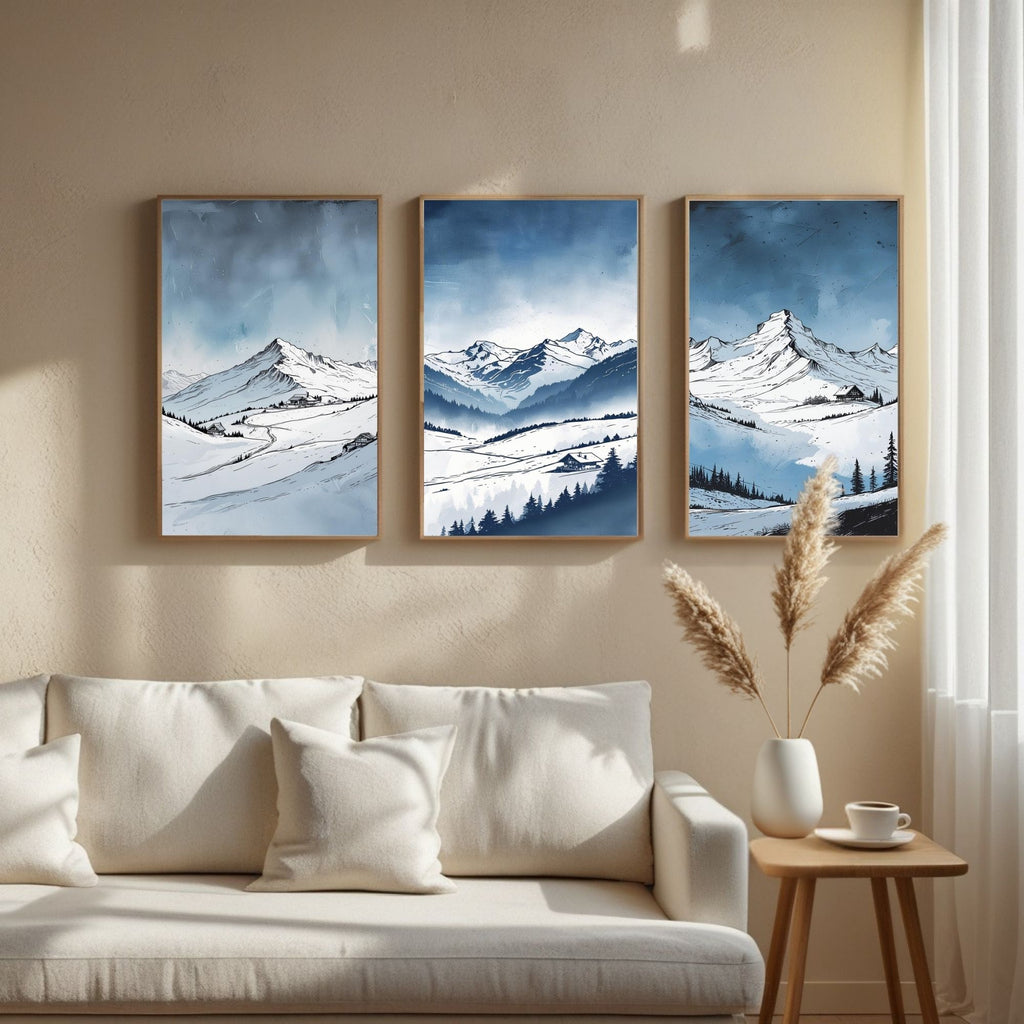 Winter Mountain Landscape Wall Art Set of 3 | Snowy Alpine Prints | Scandinavian Nature Decor | Digital Download