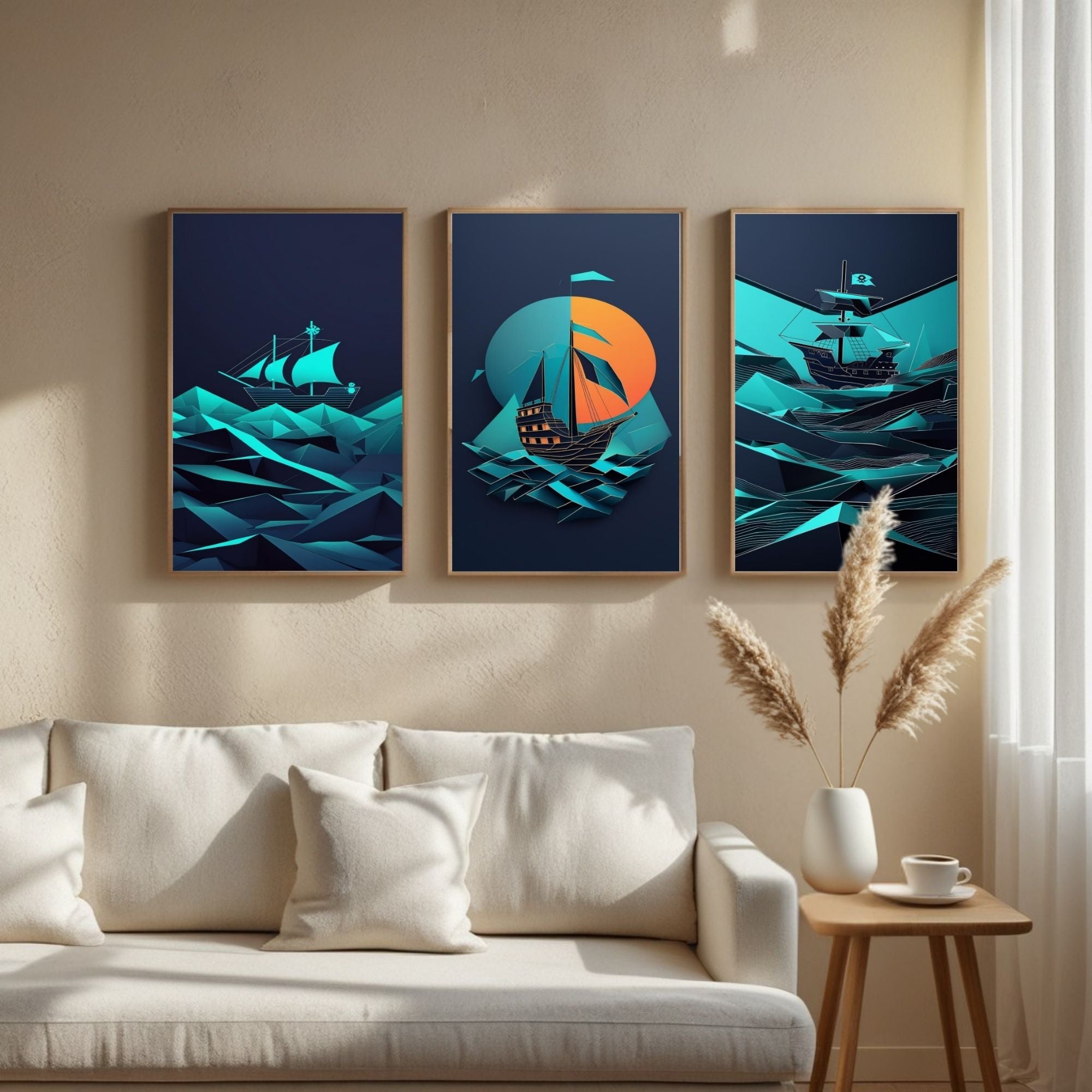 Geometric Pirate Ship Wall Art Set of 3 | Modern Nautical Printable Art | Abstract Sailing Ship Decor | Ocean Adventure Wall Art | Coastal Home Decor | Digital Download