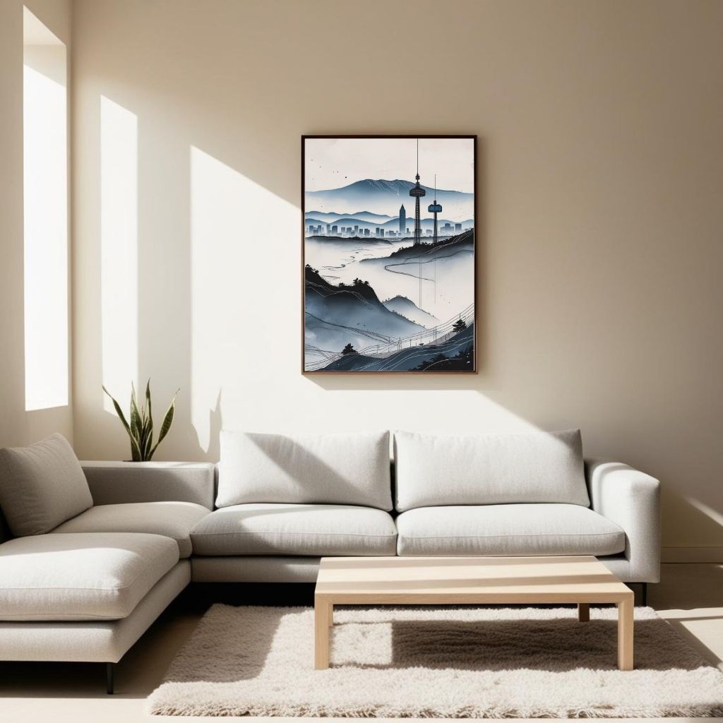 Modern Cityscape Wall Art Printable, Minimal Skyline Landscape Poster, Contemporary Urban Mountain Decor, Digital Download Print