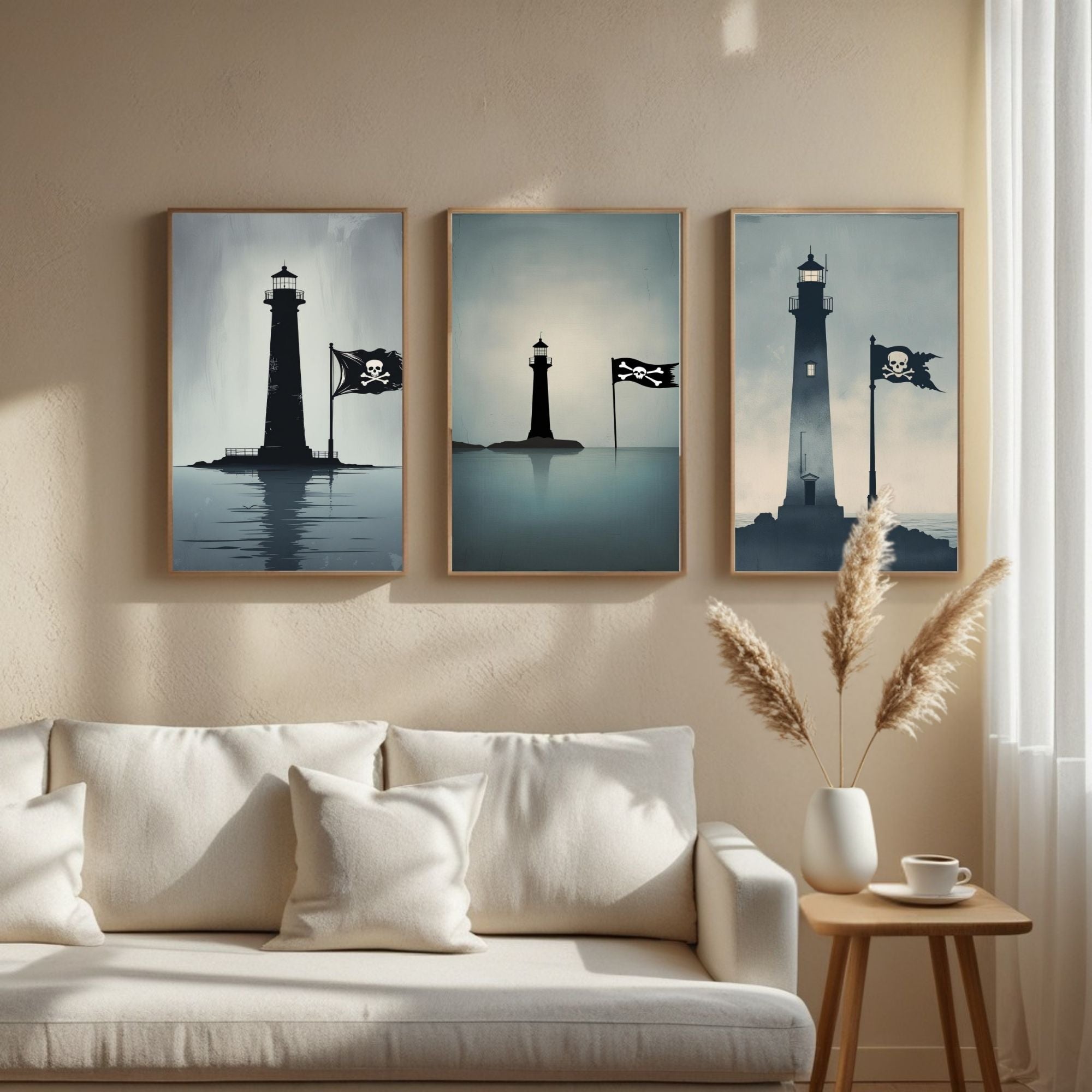 Pirate Lighthouse Wall Art Set of 3 | Nautical Coastal Prints | Maritime Adventure Decor | Digital Download