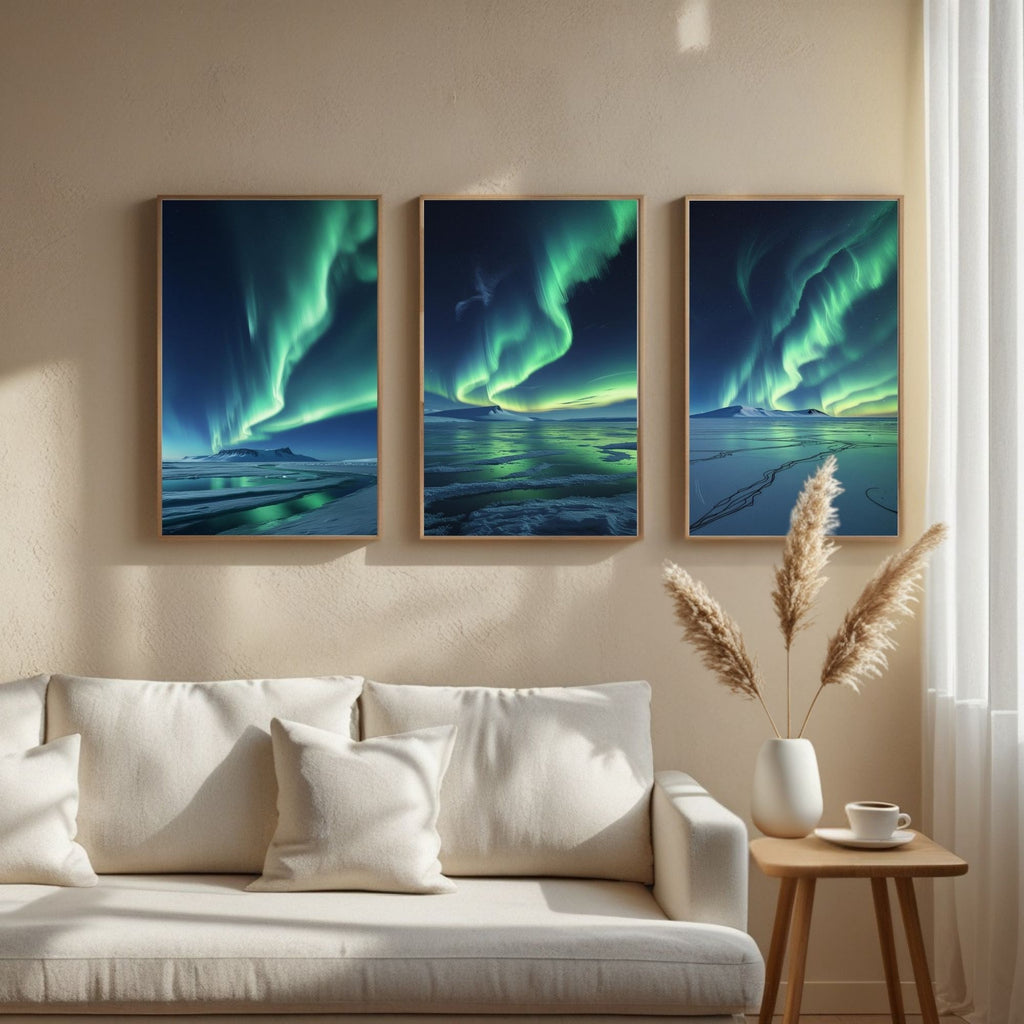 Northern Lights Wall Art Set of 3 | Aurora Borealis Landscape Prints | Arctic Night Sky Decor | Digital Download