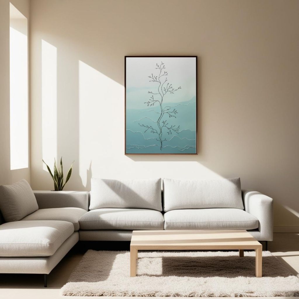 Minimal Botanical Wall Art Printable, Modern Line Drawing Plant Print, Scandinavian Nature Decor, Blue Abstract Digital Download Poster