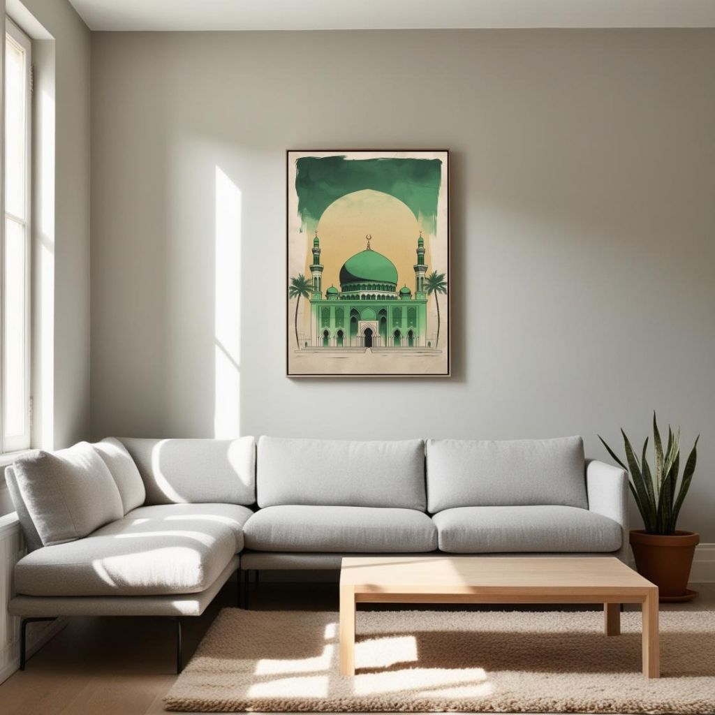 Islamic Wall Art Printable, Green Mosque Architecture Poster, Modern Mosque Wall Decor, Islamic Digital Print, Digital Download