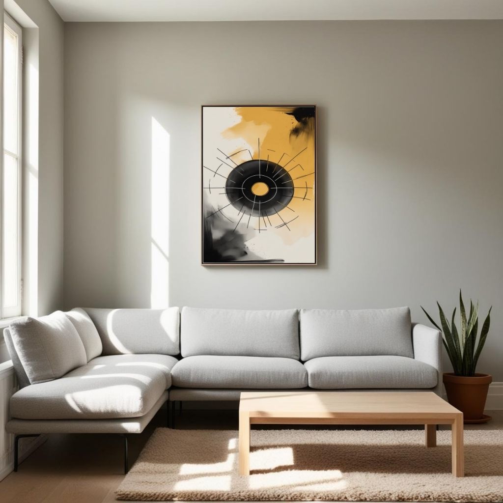 Abstract Wall Art Printable, Modern Geometric Circle Poster, Minimal Black Gold Wall Decor, Contemporary Abstract Print, Digital Download