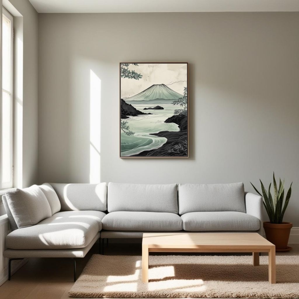 Japanese Mountain Landscape Wall Art | Minimalist Nature Print | Zen Coastal Decor | Digital Download