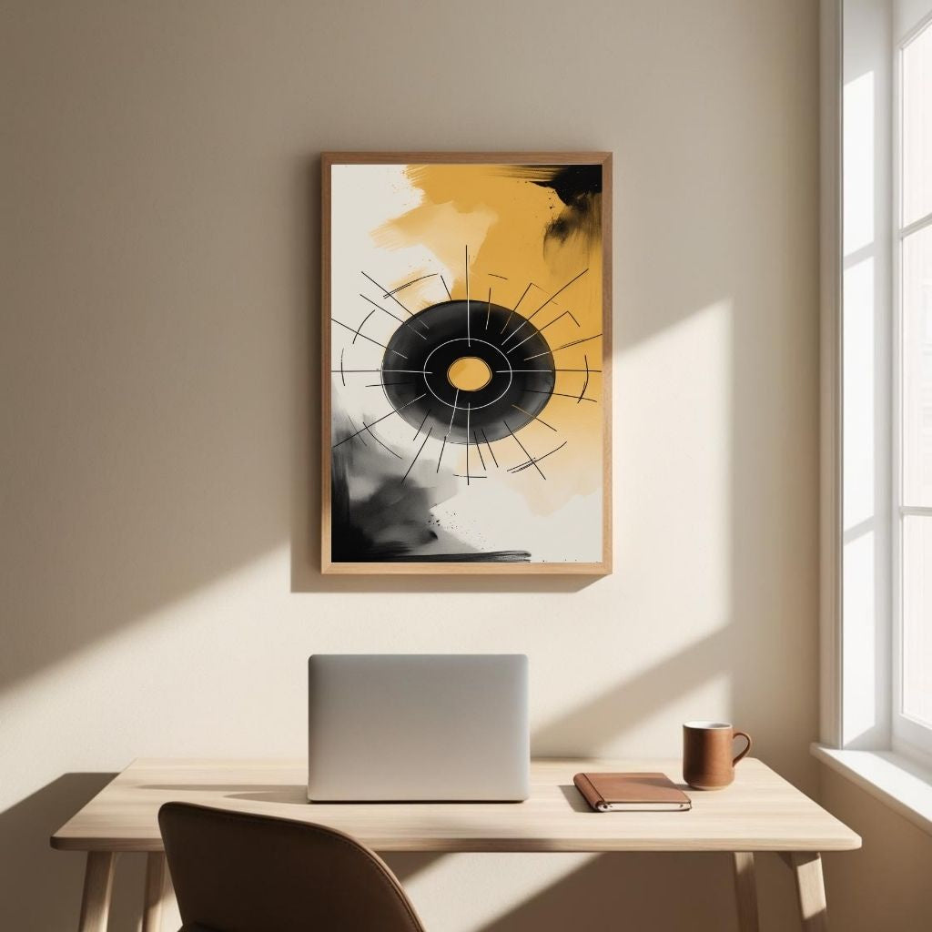 Abstract Wall Art Printable, Modern Geometric Circle Poster, Minimal Black Gold Wall Decor, Contemporary Abstract Print, Digital Download