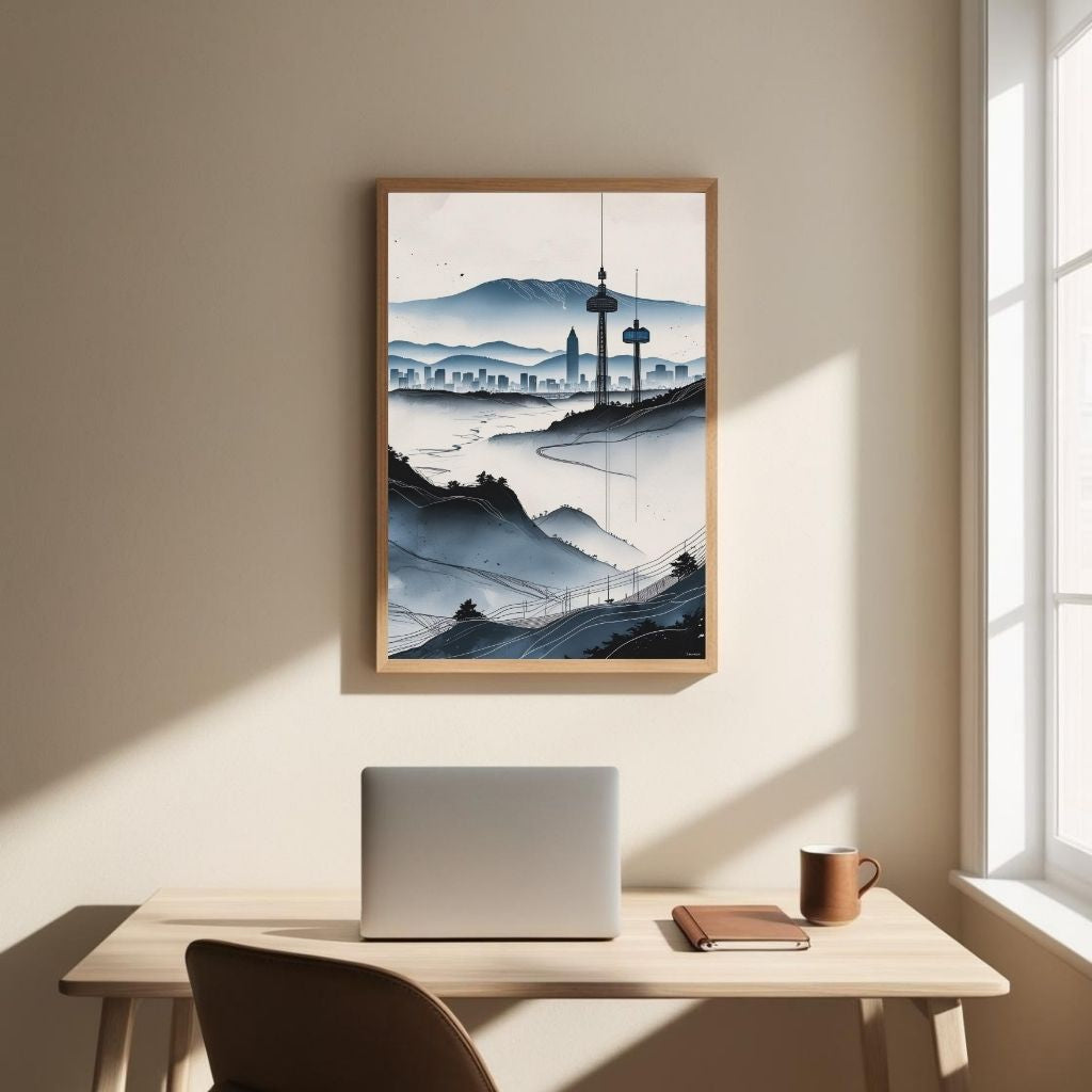 Modern Cityscape Wall Art Printable, Minimal Skyline Landscape Poster, Contemporary Urban Mountain Decor, Digital Download Print
