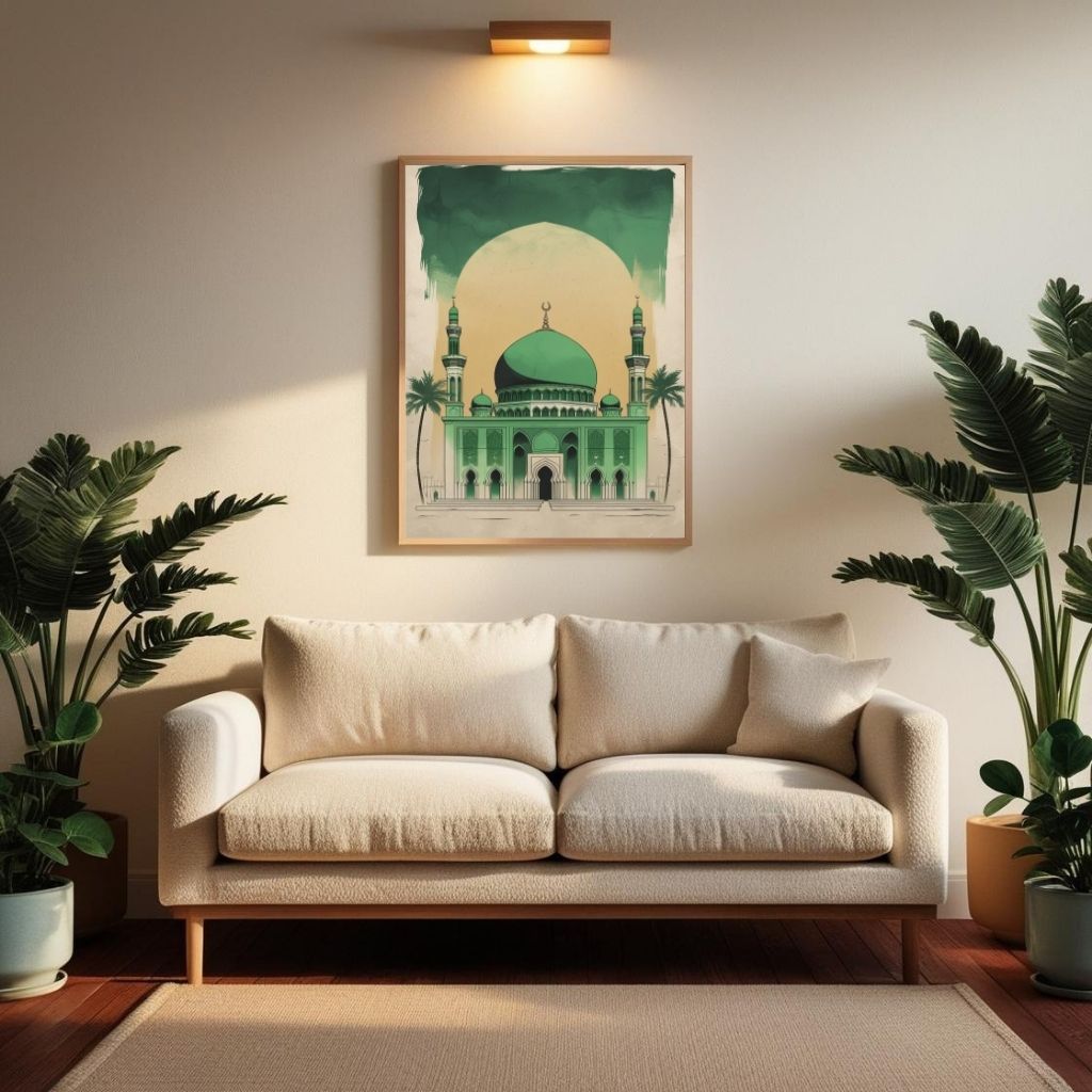 Islamic Wall Art Printable, Green Mosque Architecture Poster, Modern Mosque Wall Decor, Islamic Digital Print, Digital Download