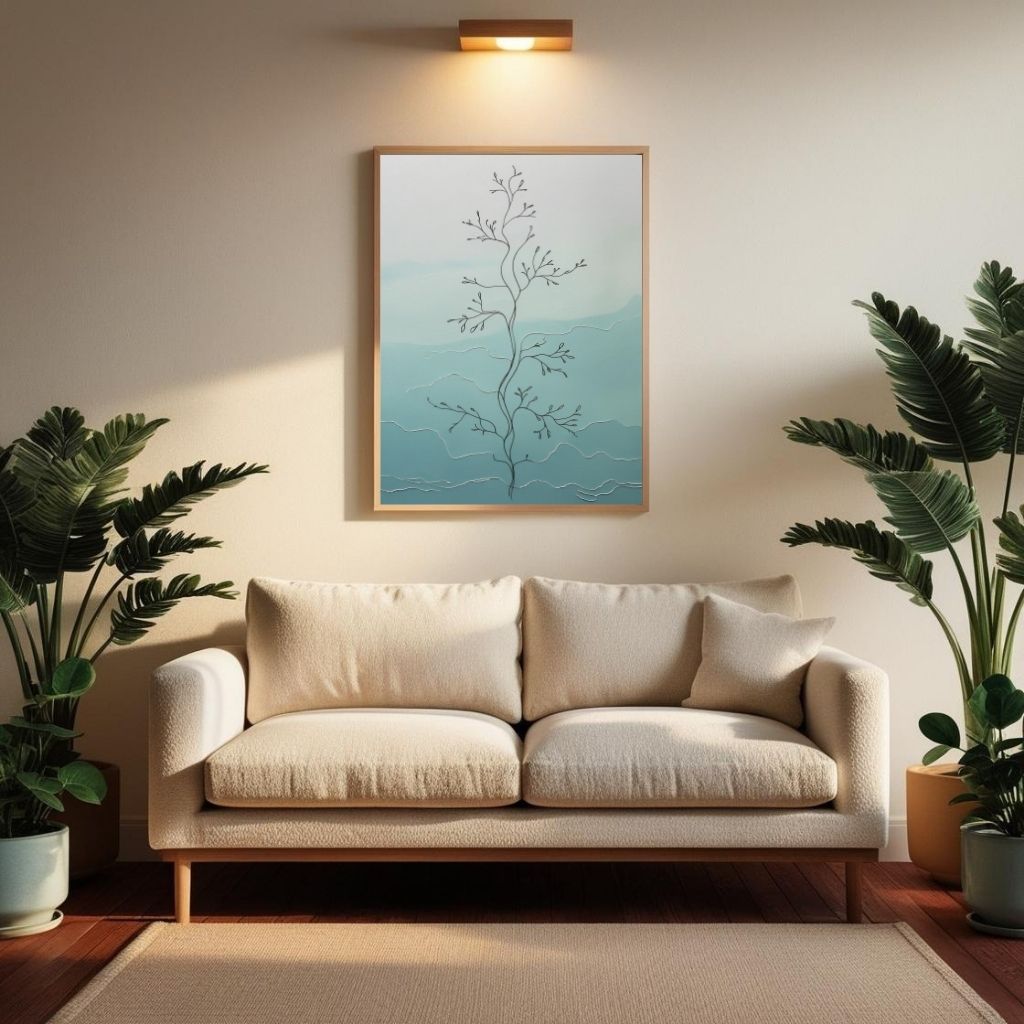 Minimal Botanical Wall Art Printable, Modern Line Drawing Plant Print, Scandinavian Nature Decor, Blue Abstract Digital Download Poster