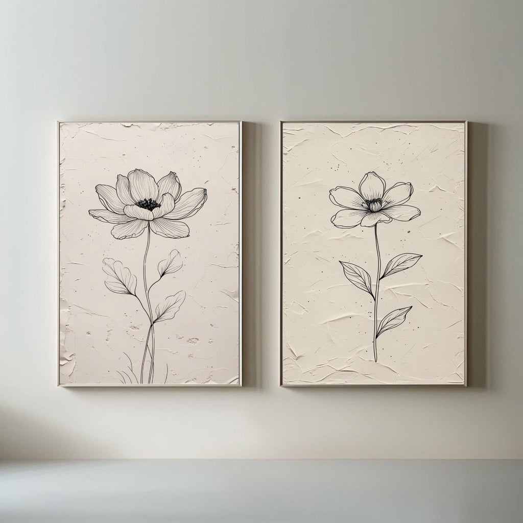 Minimalist Botanical Flower Wall Art Set of 2 | Black and White Floral Line Drawing Prints | Neutral Modern Flower Decor | Scandinavian Botanical Artwork | Printable Wall Art