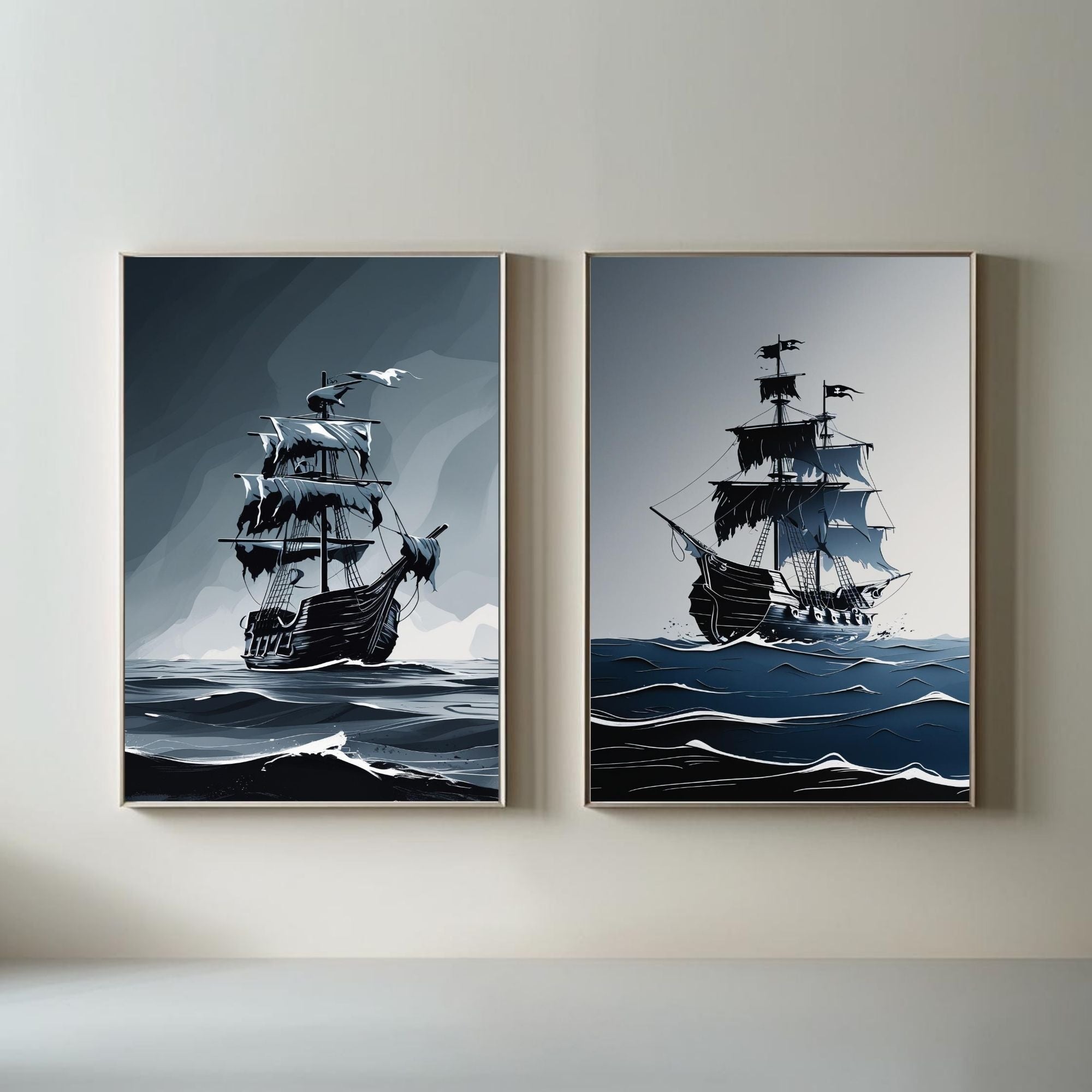 Pirate Ship Wall Art Set of 2 Vintage Nautical Prints