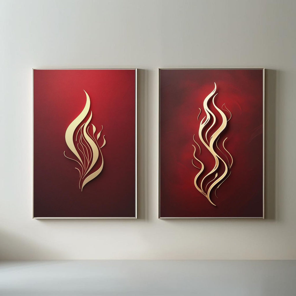 Red & Gold Abstract Flame Wall Art Set of 2 | Modern Fire Artwork | Luxury Red Minimalist Prints | Contemporary Abstract Decor | Burgundy Gold Wall Art | Digital Download