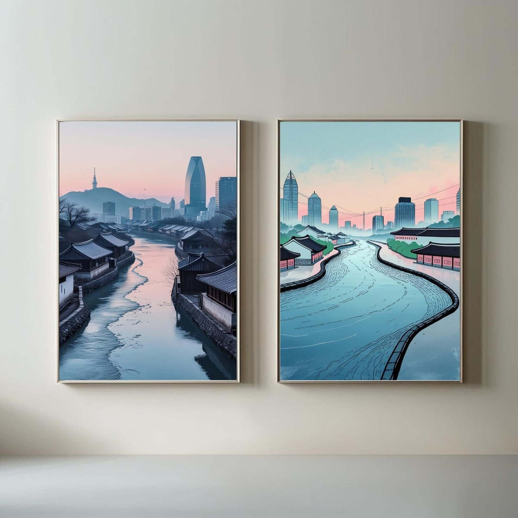 Korean Cityscape Wall Art Set of 2 | Traditional Village & Modern Skyline Prints | Asian Architecture Decor | Seoul Inspired Artwork | Printable Wall Decor