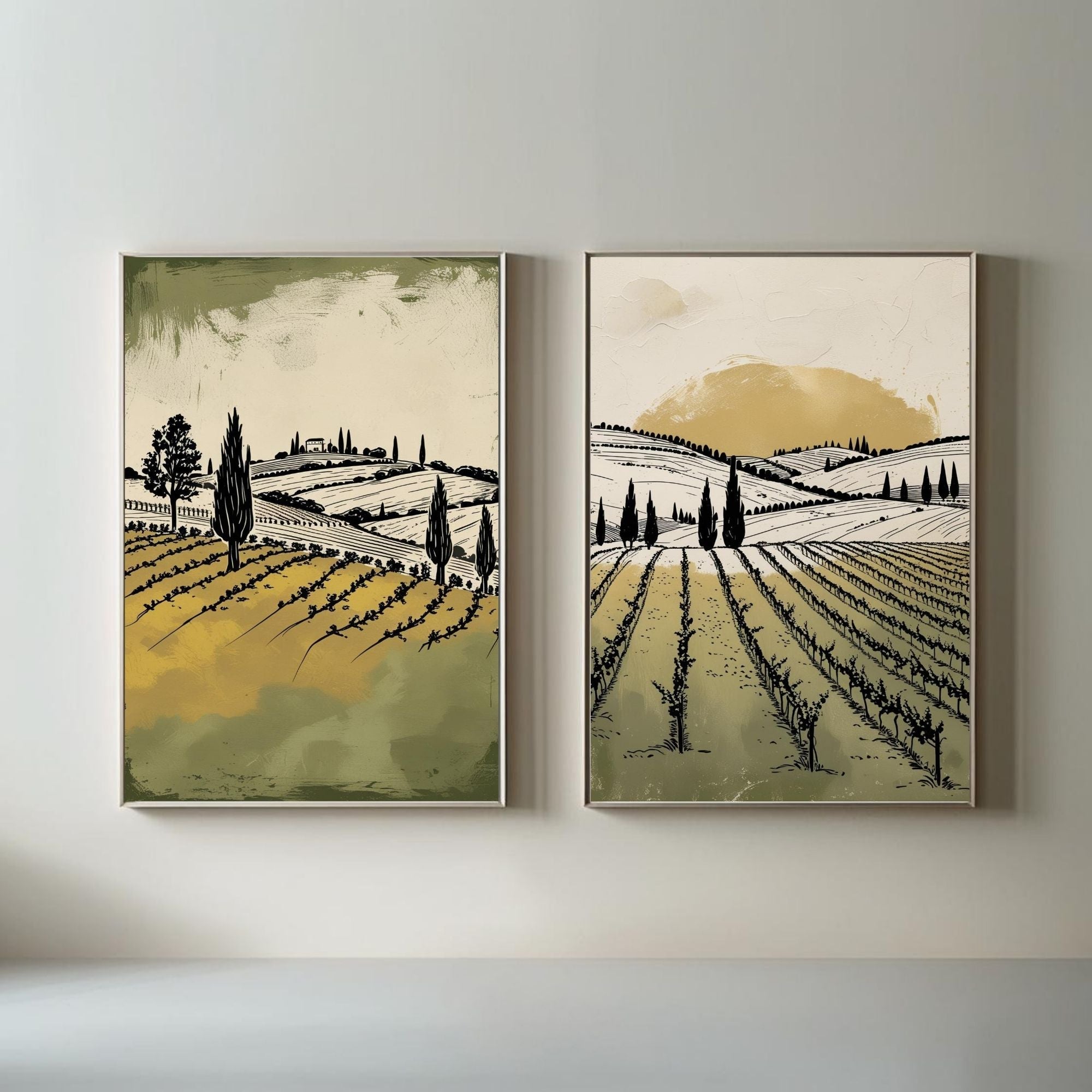 Tuscan Vineyard Wall Art Set of 2 | Italian Countryside Prints | Rustic Farm Landscape Decor | Vintage Vineyard Artwork | Neutral Green Beige Wall Art | Digital Download