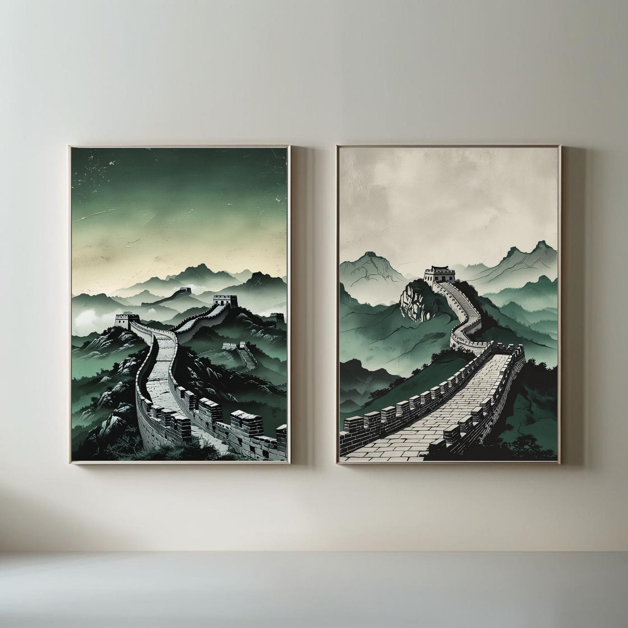 Great Wall of China Wall Art Set of 2 | Asian Landscape Prints | Chinese Architecture Decor | Oriental Mountain Artwork | Minimalist Travel Wall Art | Printable Decor