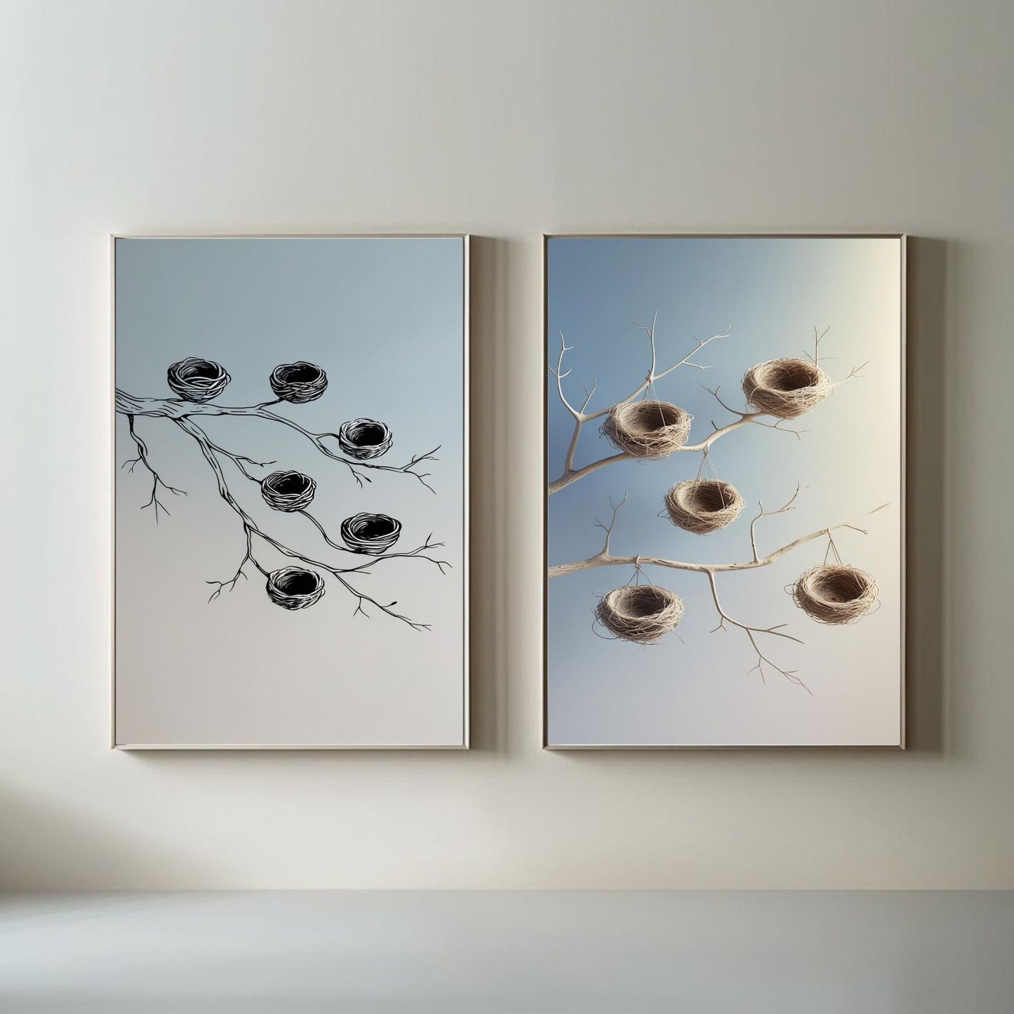 Bird Nest Wall Art Set of 2 Printable, Botanical Branch Prints, Rustic Nature Home Decor, Digital Download