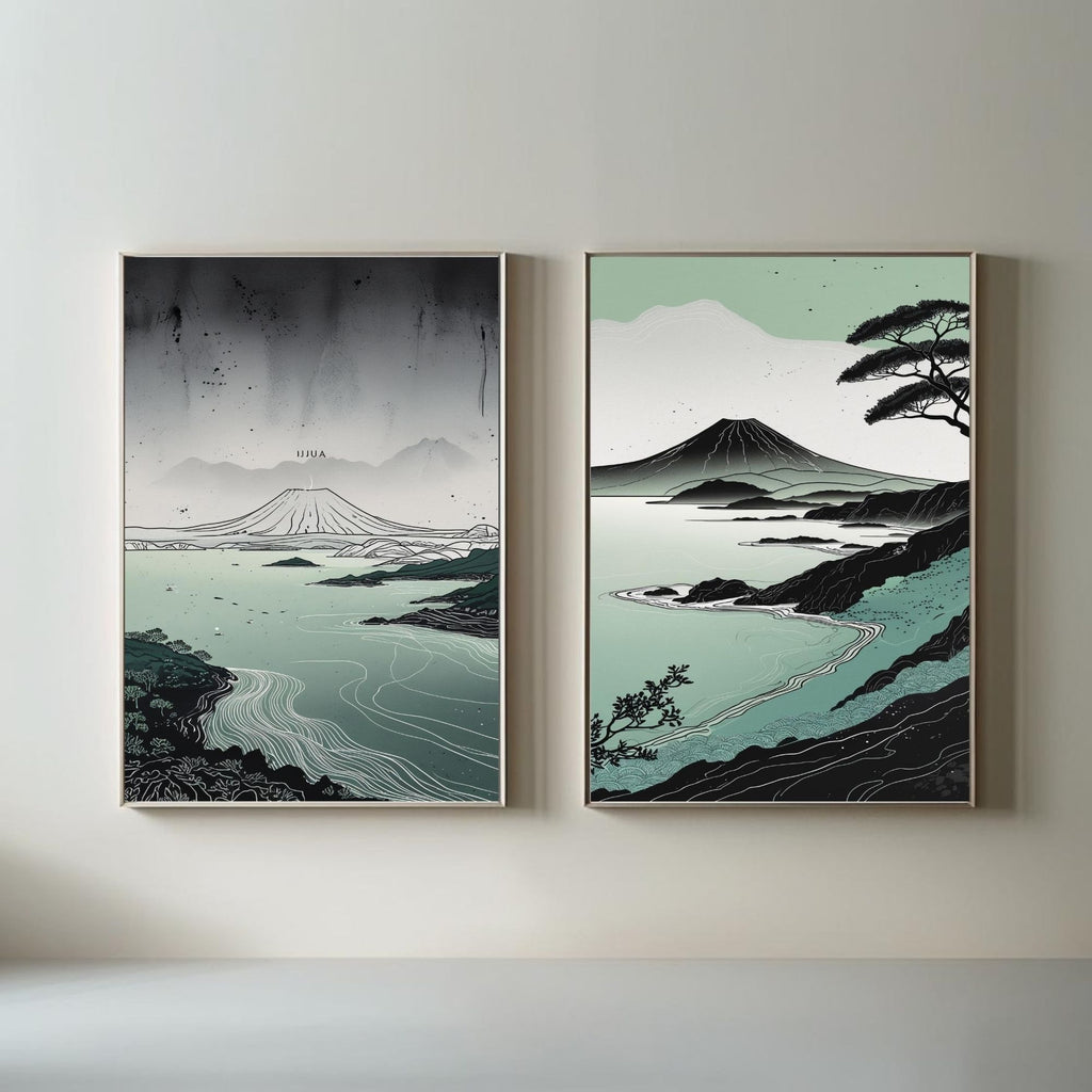 Japanese Landscape Wall Art Set of 2 Mount Fuji Printable Prints