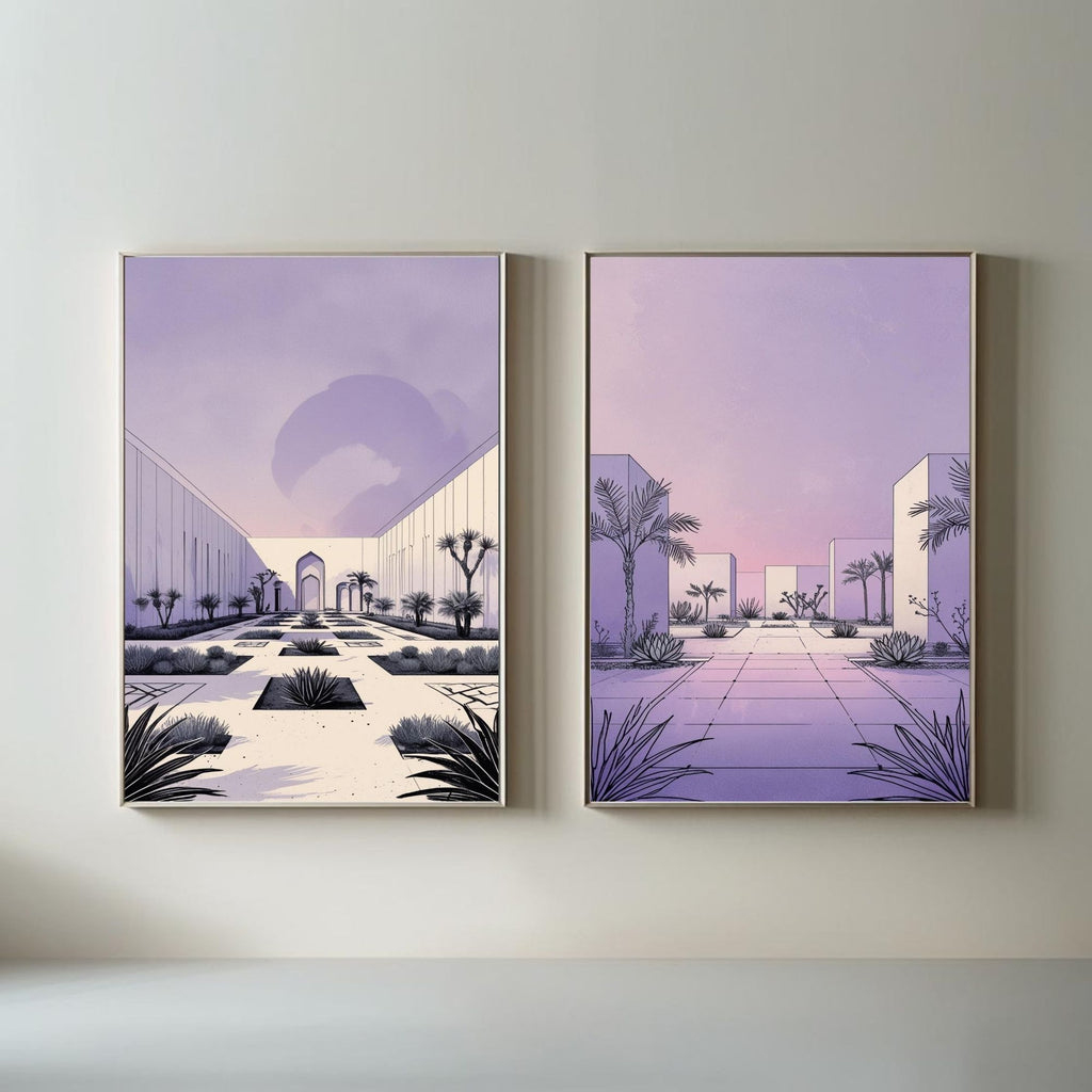 Modern Desert Courtyard Wall Art Set of 2 | Minimalist Architectural Prints | Pastel Lavender Landscape Decor | Contemporary Desert Oasis Artwork | Digital Download