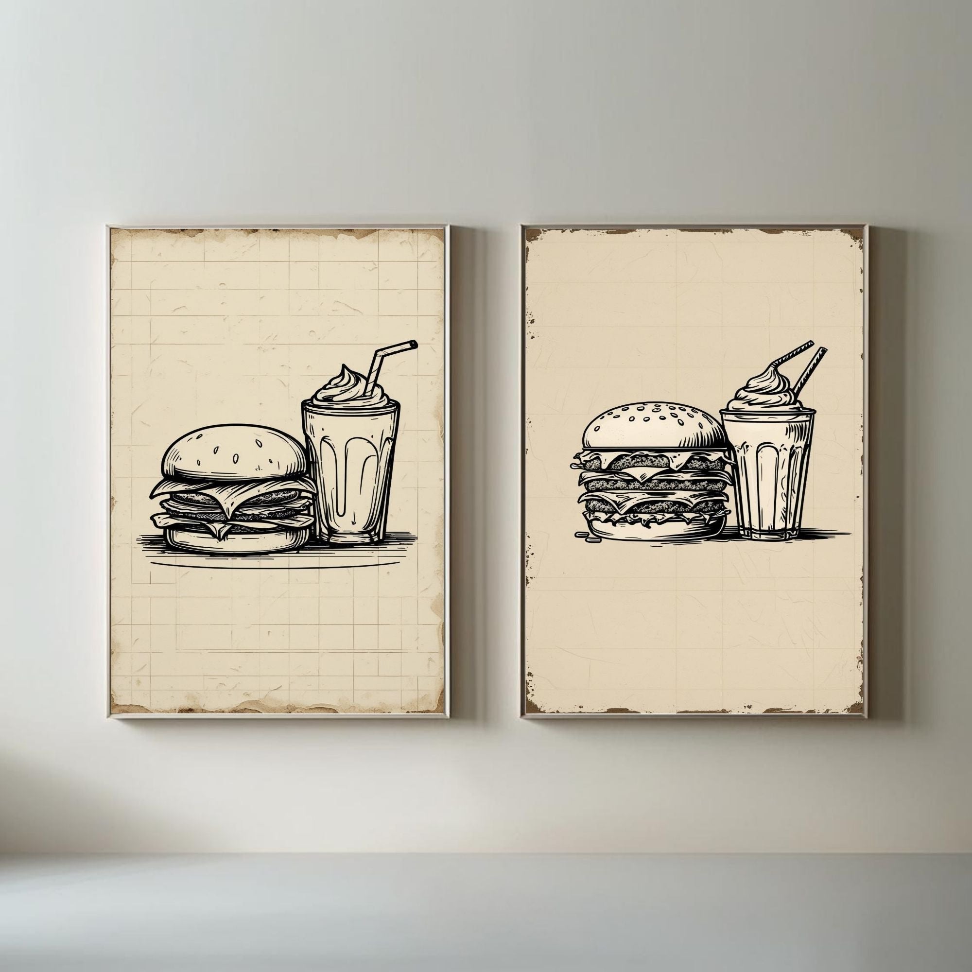 Burger & Milkshake Wall Art Set of 2 | Retro Fast Food Kitchen Prints | Vintage Restaurant Decor | Minimalist Food Poster Set | Printable Dining Room Artwork
