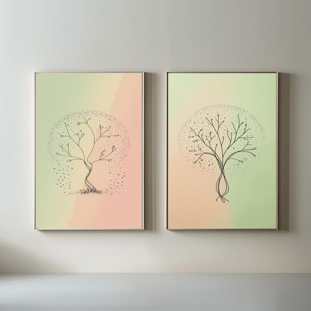 Minimalist Tree Wall Art Set of 2 | Abstract Botanical Tree Prints | Pastel Green & Blush Pink Decor | Scandinavian Nature Art | Modern Organic Wall Decor | Digital Download