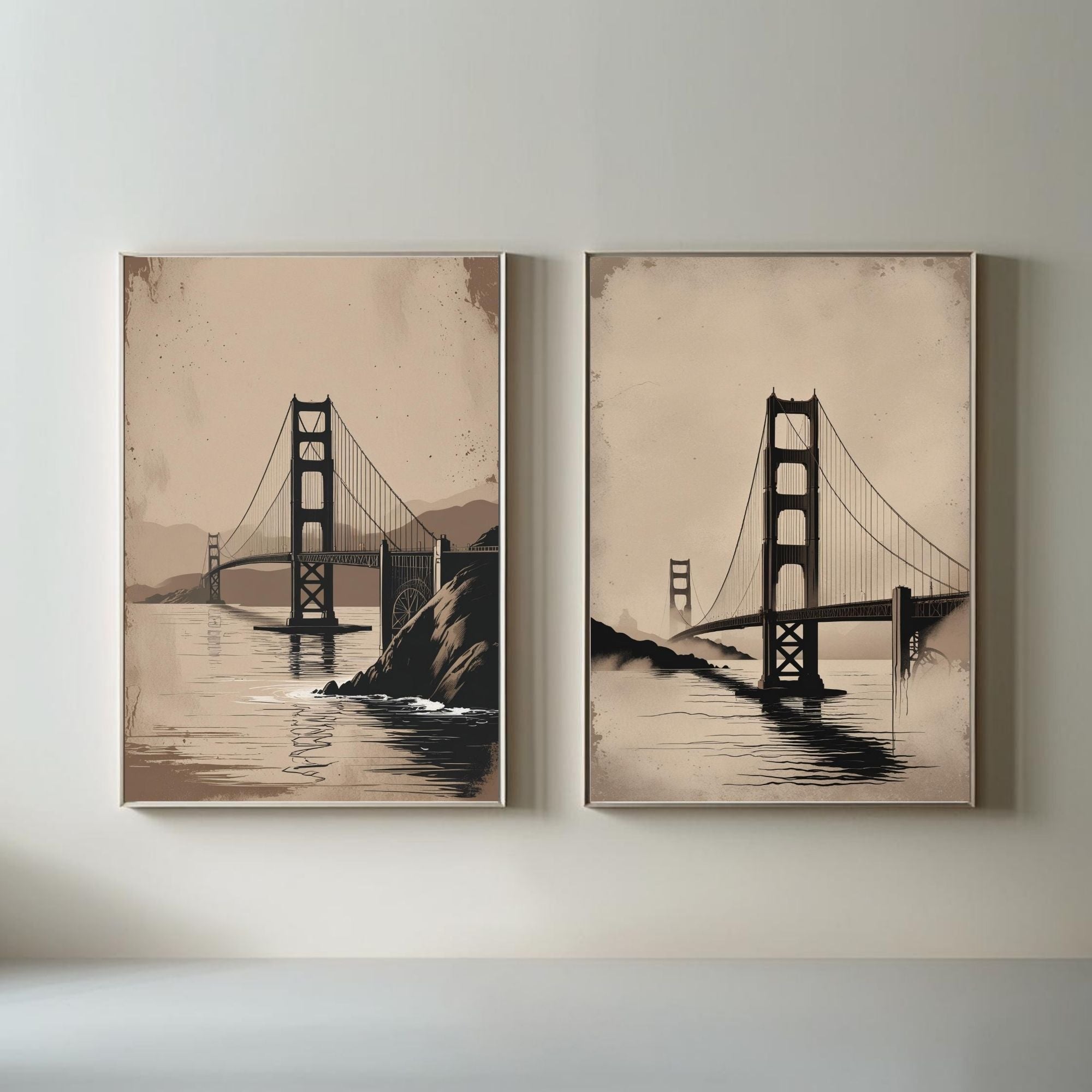 Golden Gate Bridge Wall Art Set of 2 | San Francisco Landmark Prints | Vintage Travel Poster Decor | Minimalist Coastal Landscape Art | Neutral Beige Wall Decor | Digital Download