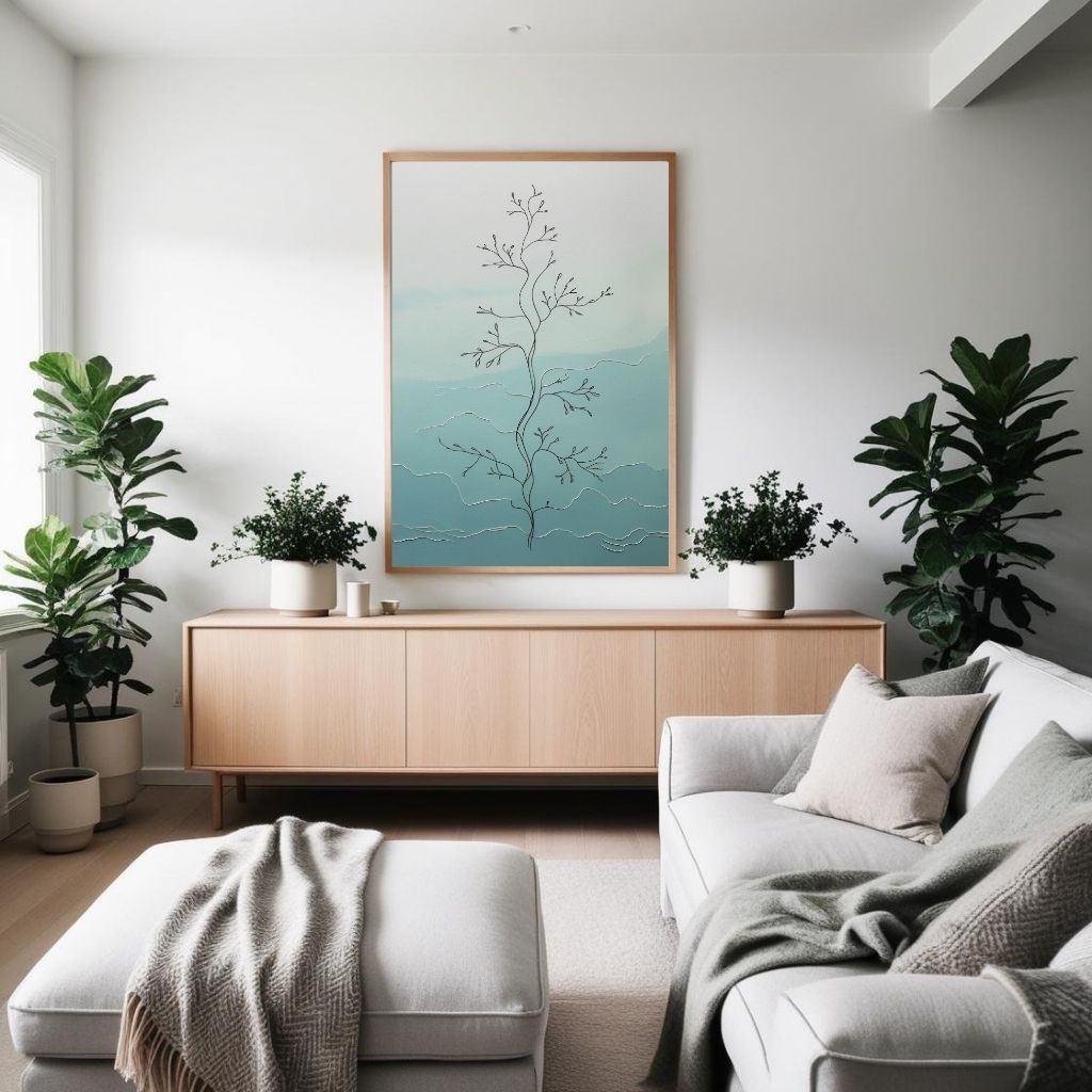 Minimal Botanical Wall Art Printable, Modern Line Drawing Plant Print, Scandinavian Nature Decor, Blue Abstract Digital Download Poster