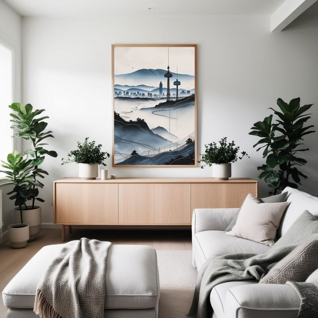 Modern Cityscape Wall Art Printable, Minimal Skyline Landscape Poster, Contemporary Urban Mountain Decor, Digital Download Print
