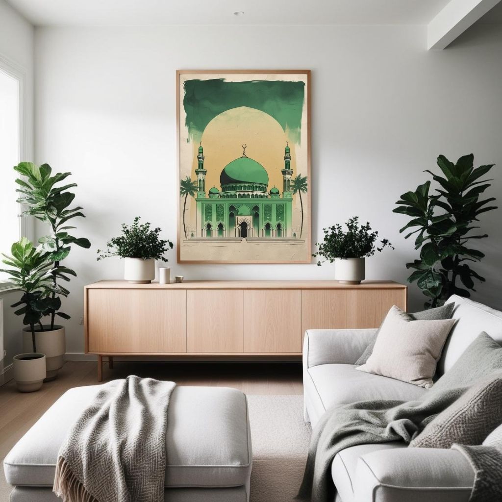 Islamic Wall Art Printable, Green Mosque Architecture Poster, Modern Mosque Wall Decor, Islamic Digital Print, Digital Download