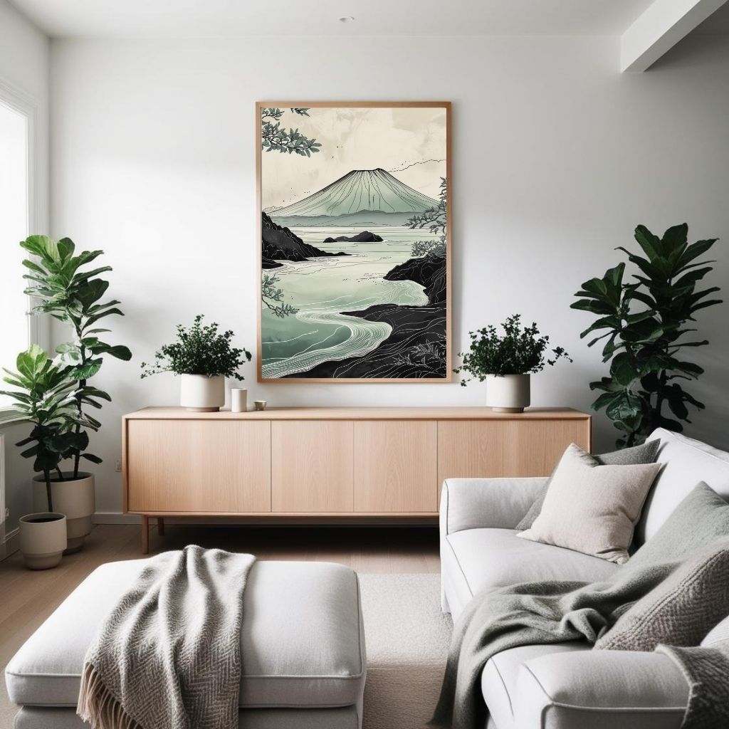 Japanese Mountain Landscape Wall Art | Minimalist Nature Print | Zen Coastal Decor | Digital Download