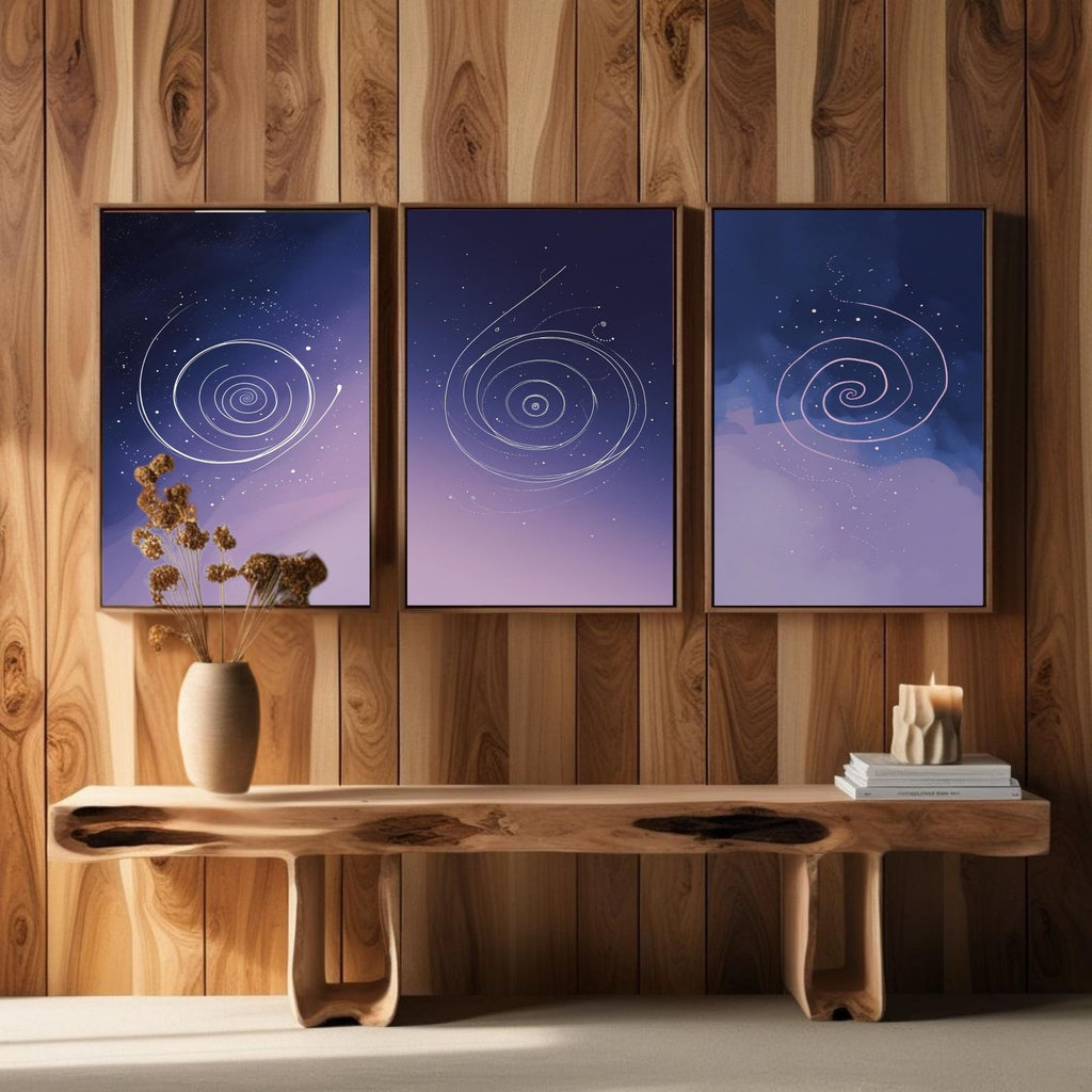 Celestial Spiral Wall Art Set of 3 | Purple Galaxy Printable Art | Cosmic Minimalist Decor | Abstract Space Wall Art | Modern Bedroom Poster Set | Digital Download