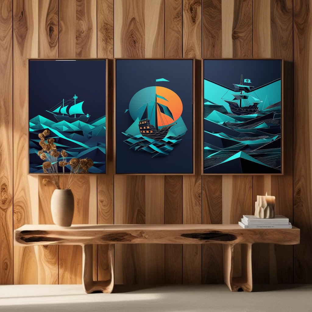 Geometric Pirate Ship Wall Art Set of 3 | Modern Nautical Printable Art | Abstract Sailing Ship Decor | Ocean Adventure Wall Art | Coastal Home Decor | Digital Download