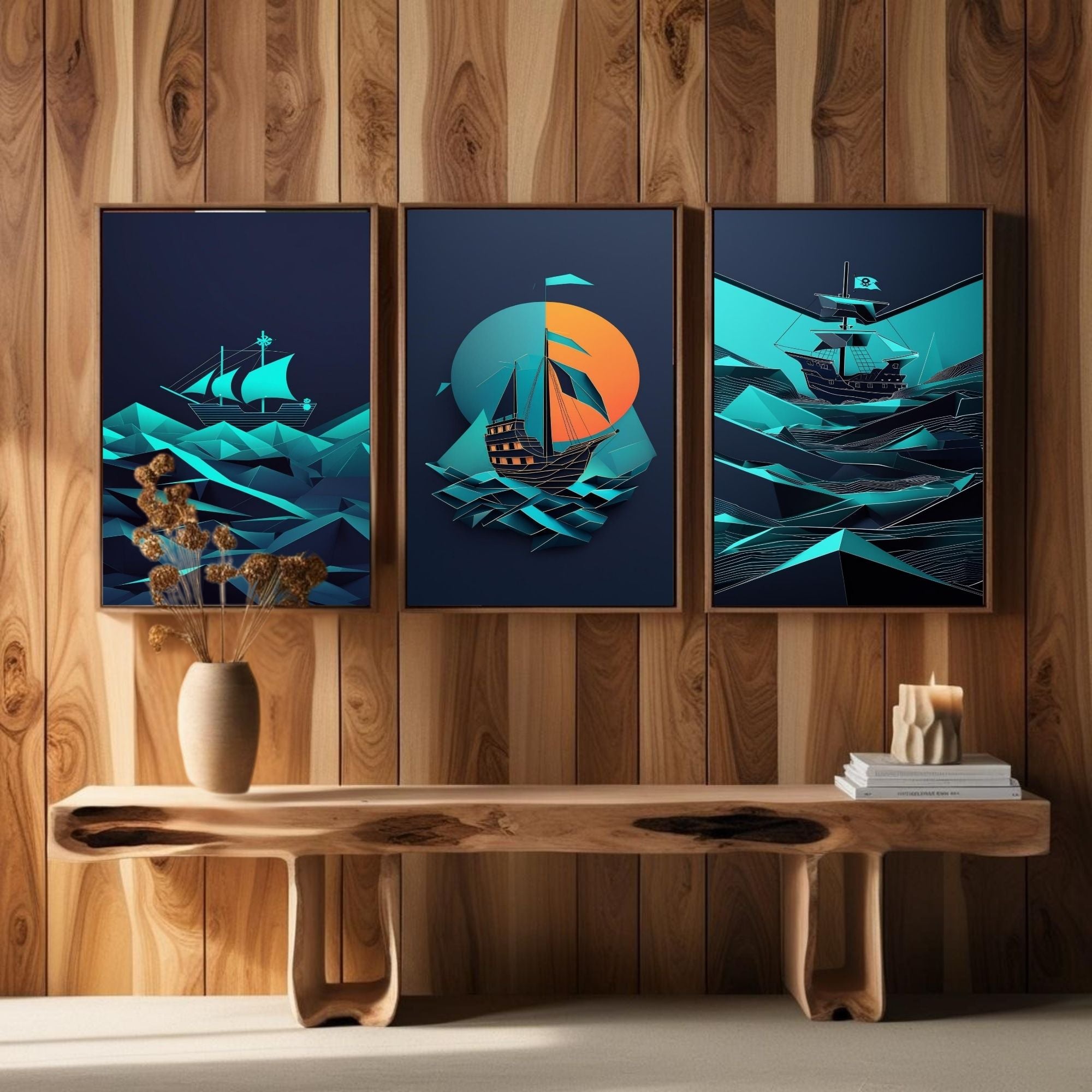 Geometric Pirate Ship Wall Art Set of 3 | Modern Nautical Printable Art | Abstract Sailing Ship Decor | Ocean Adventure Wall Art | Coastal Home Decor | Digital Download