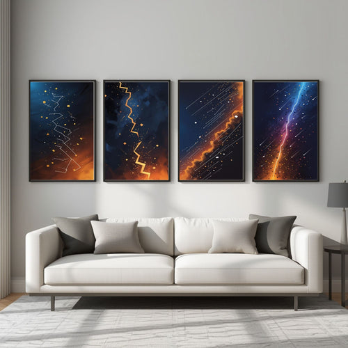 Cosmic Lightning Wall Art Set of 4 | Abstract Galaxy Prints | Celestial Space Decor | Digital Download