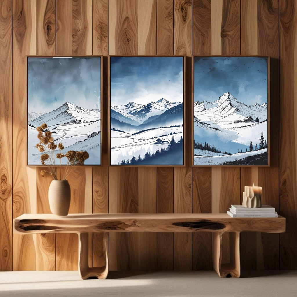 Winter Mountain Landscape Wall Art Set of 3 | Snowy Alpine Prints | Scandinavian Nature Decor | Digital Download