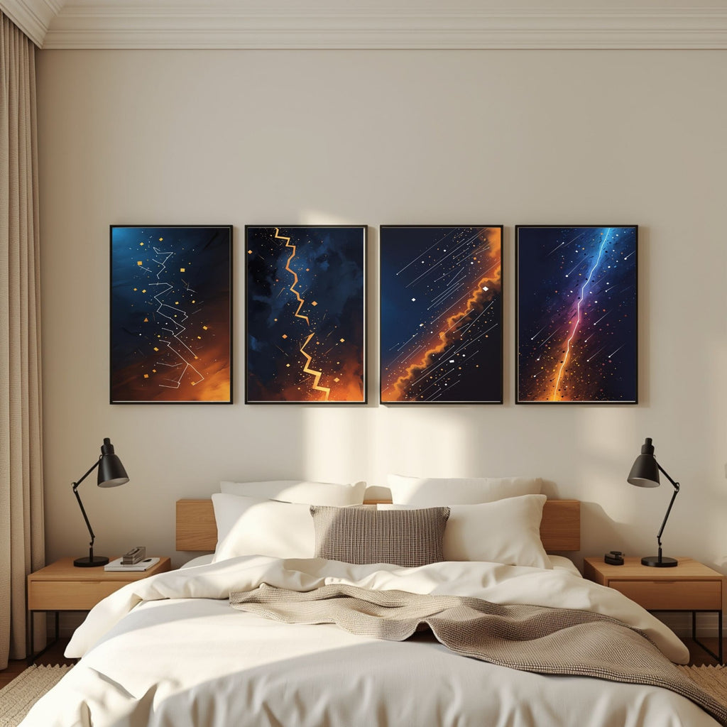Cosmic Lightning Wall Art Set of 4 | Abstract Galaxy Prints | Celestial Space Decor | Digital Download