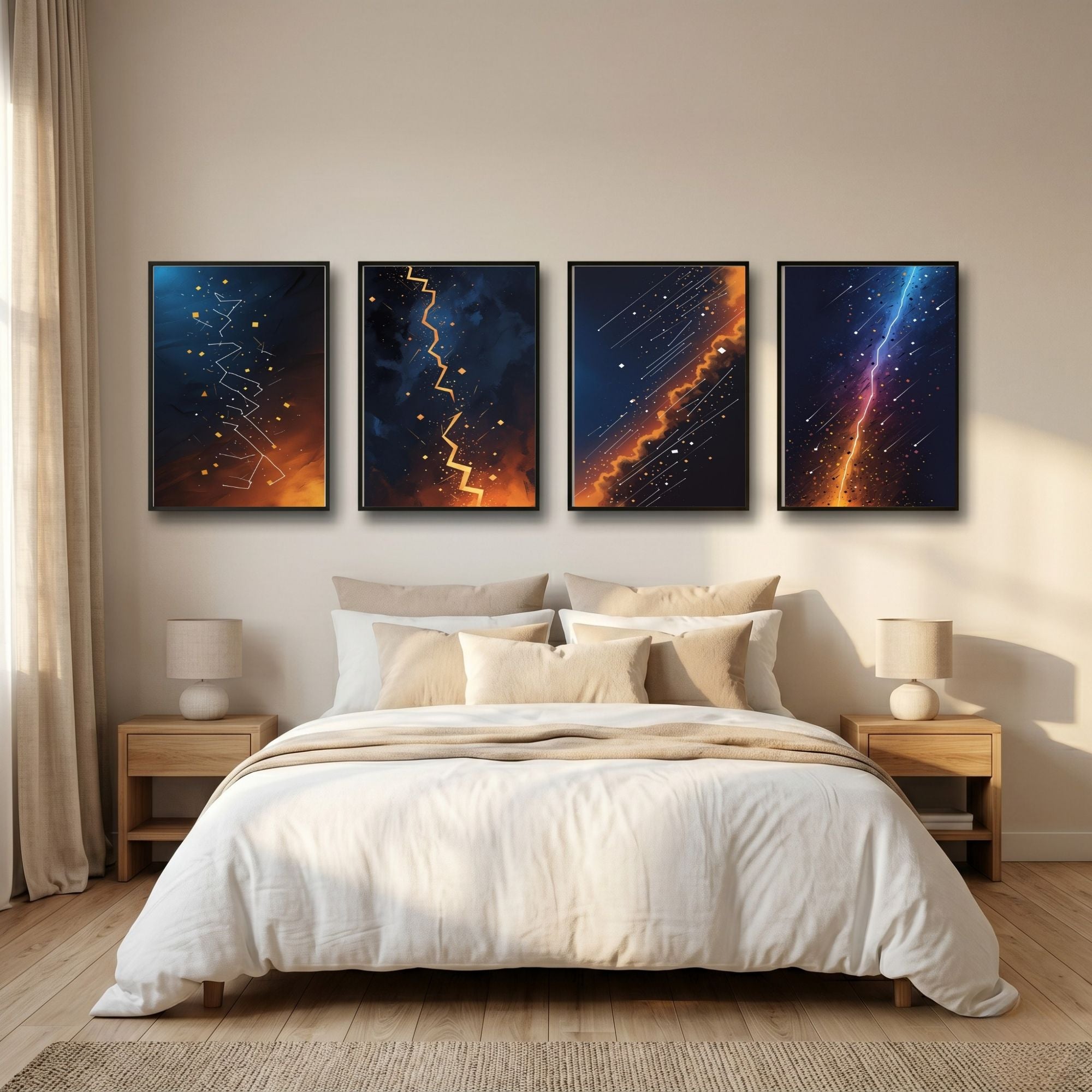 Cosmic Lightning Wall Art Set of 4 | Abstract Galaxy Prints | Celestial Space Decor | Digital Download