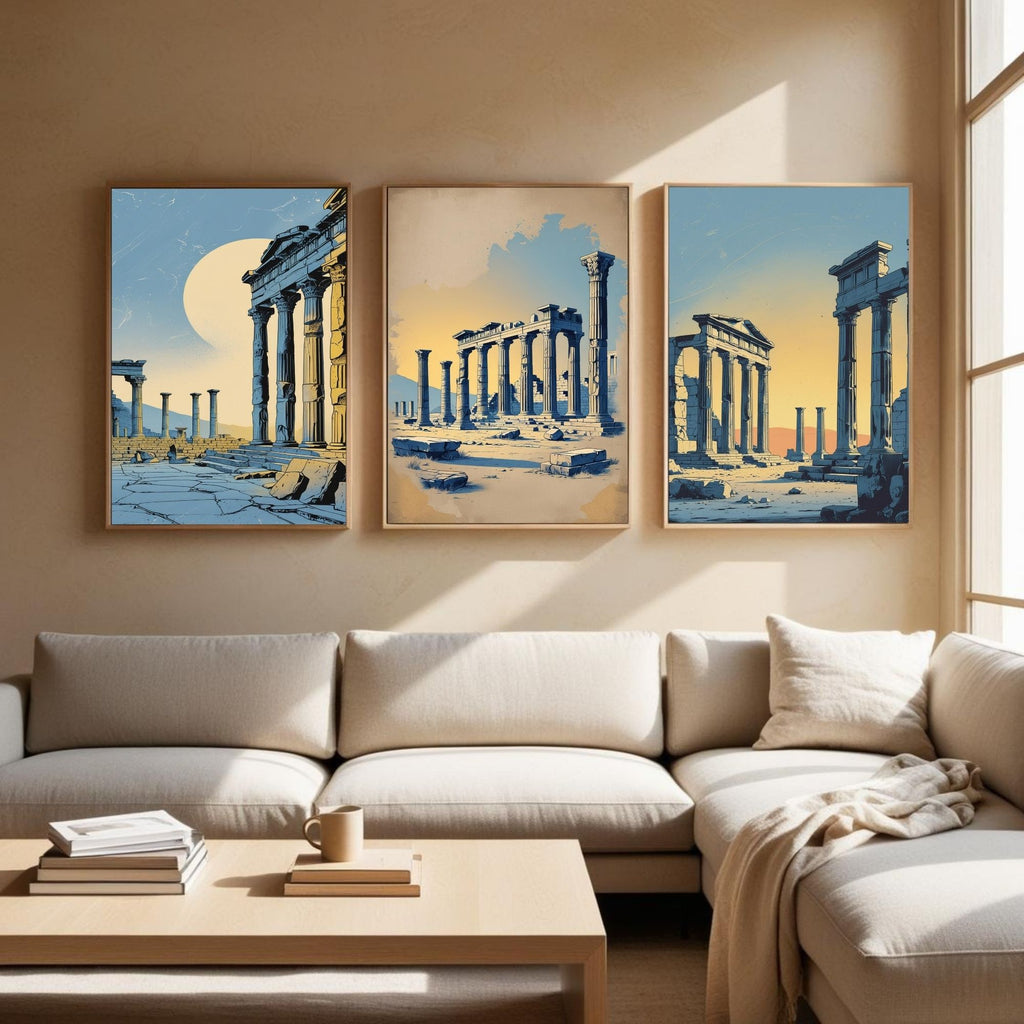 Ancient Greek Ruins Wall Art Set of 3 | Classical Architecture Prints | Historical Temple Decor | Mediterranean Antique Artwork | Digital Download