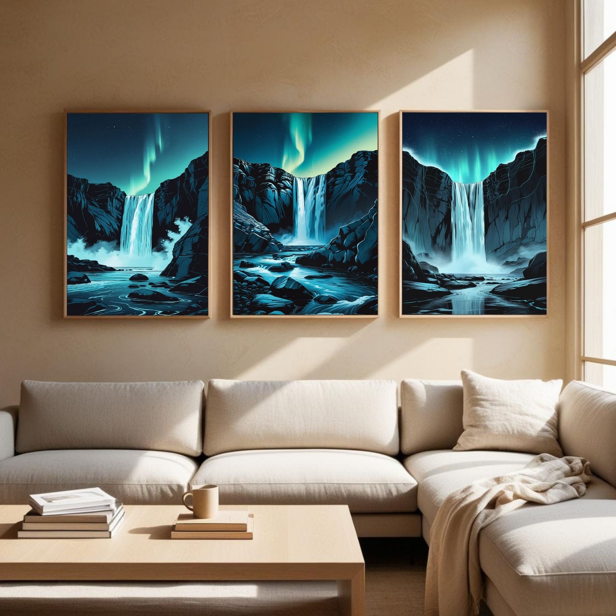 Aurora Waterfall Wall Art Set of 3 | Northern Lights Waterfall Prints | Nordic Nature Landscape Decor | Digital Download