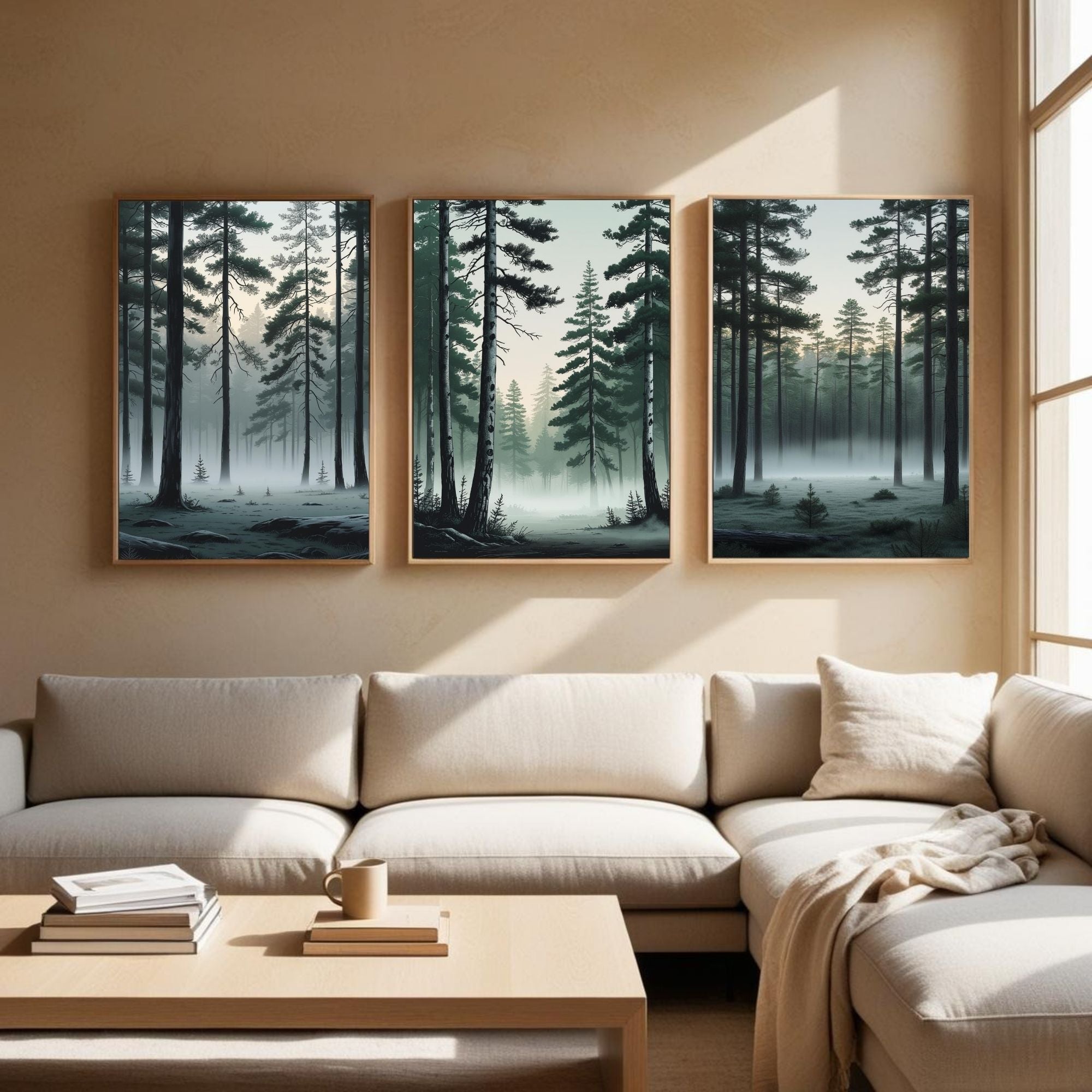 Misty Pine Forest Wall Art Set of 3 | Foggy Woodland Prints | Scandinavian Nature Decor | Evergreen Forest Artwork | Digital Download