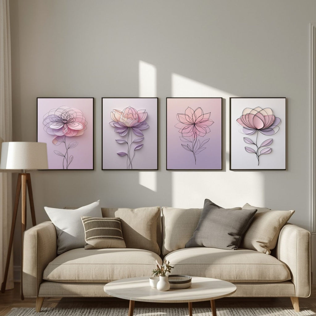 Pastel Floral Wall Art Set of 4 | Minimalist Flower Prints | Elegant Botanical Decor | Digital Download