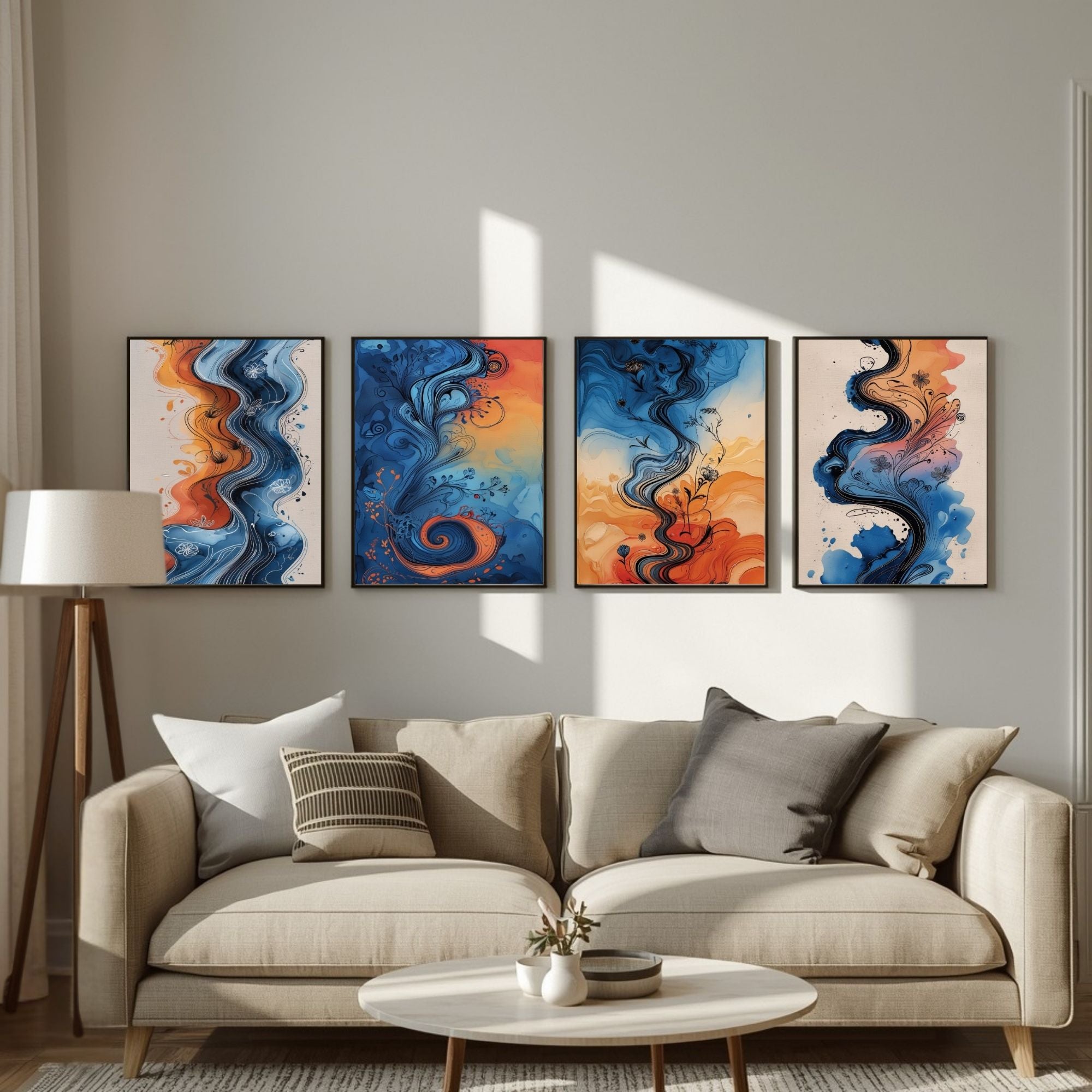 Abstract Fluid Wall Art Set of 4 | Modern Colorful Prints | Contemporary Living Room Decor | Digital Download