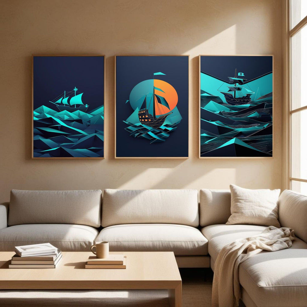 Geometric Pirate Ship Wall Art Set of 3 | Modern Nautical Printable Art | Abstract Sailing Ship Decor | Ocean Adventure Wall Art | Coastal Home Decor | Digital Download